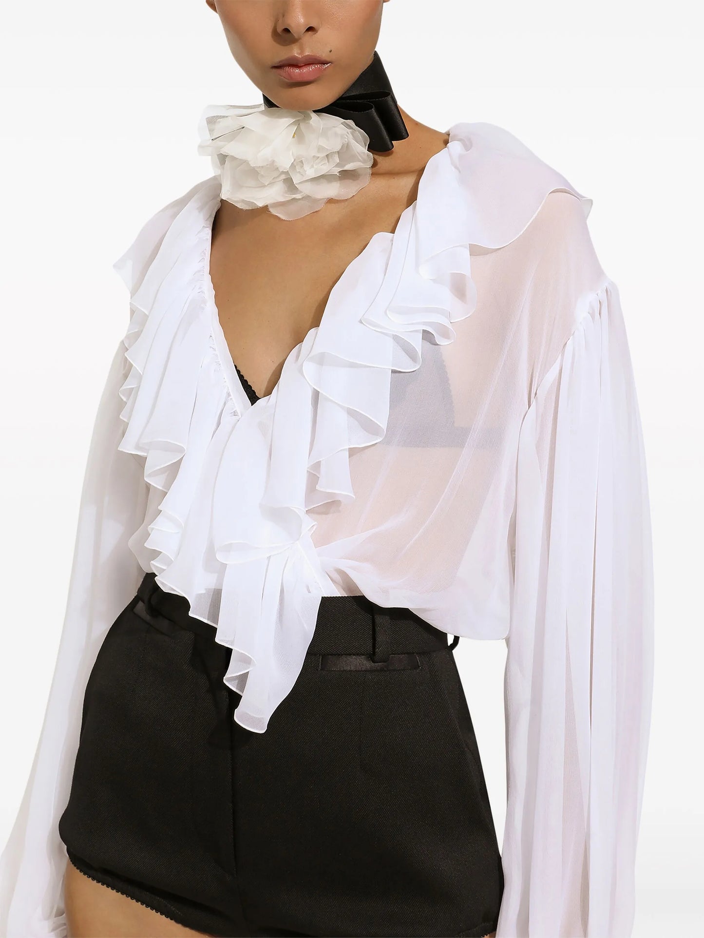 ruffled-trim silk cropped blouse