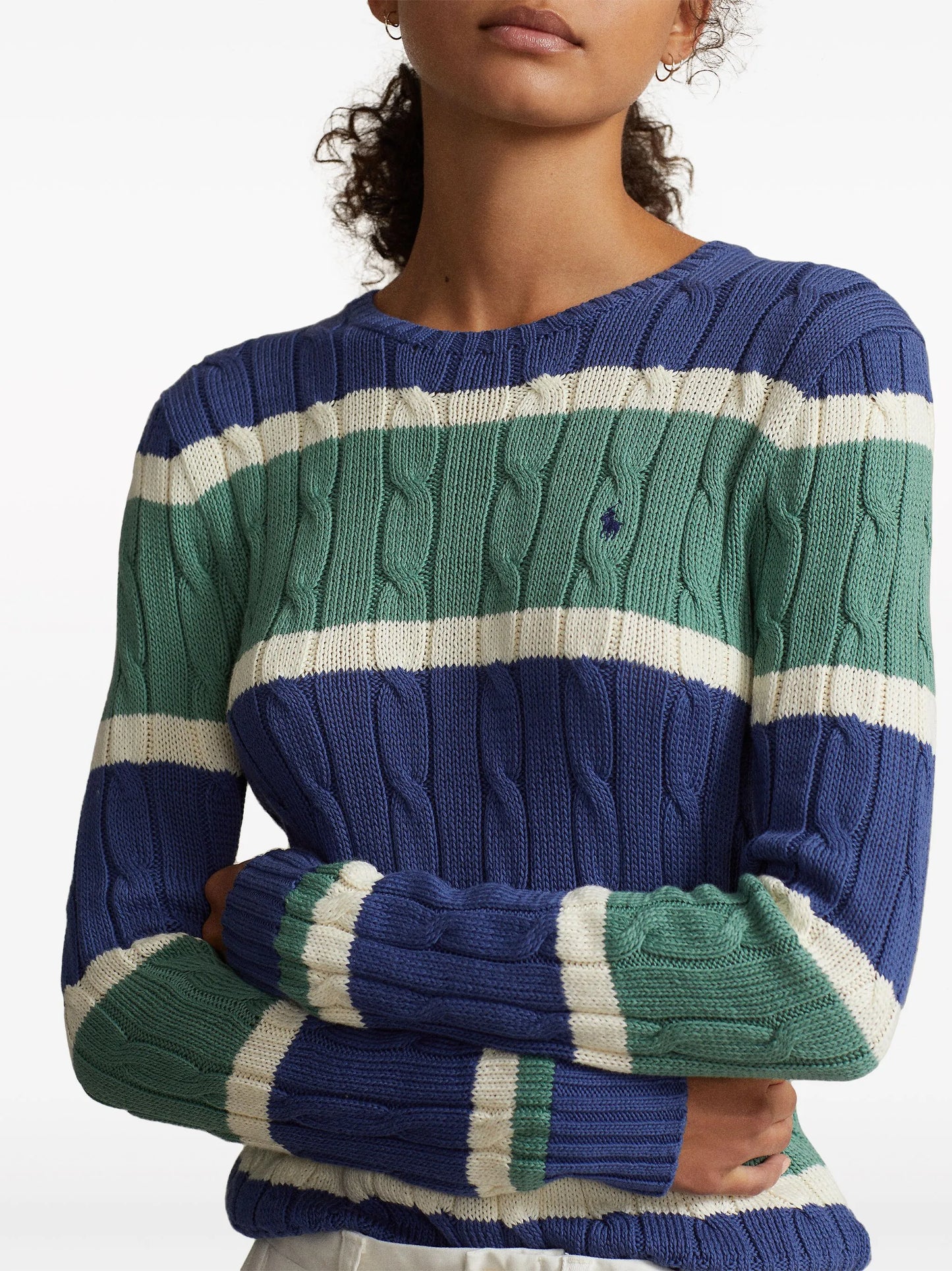 striped cable-knit cotton jumper