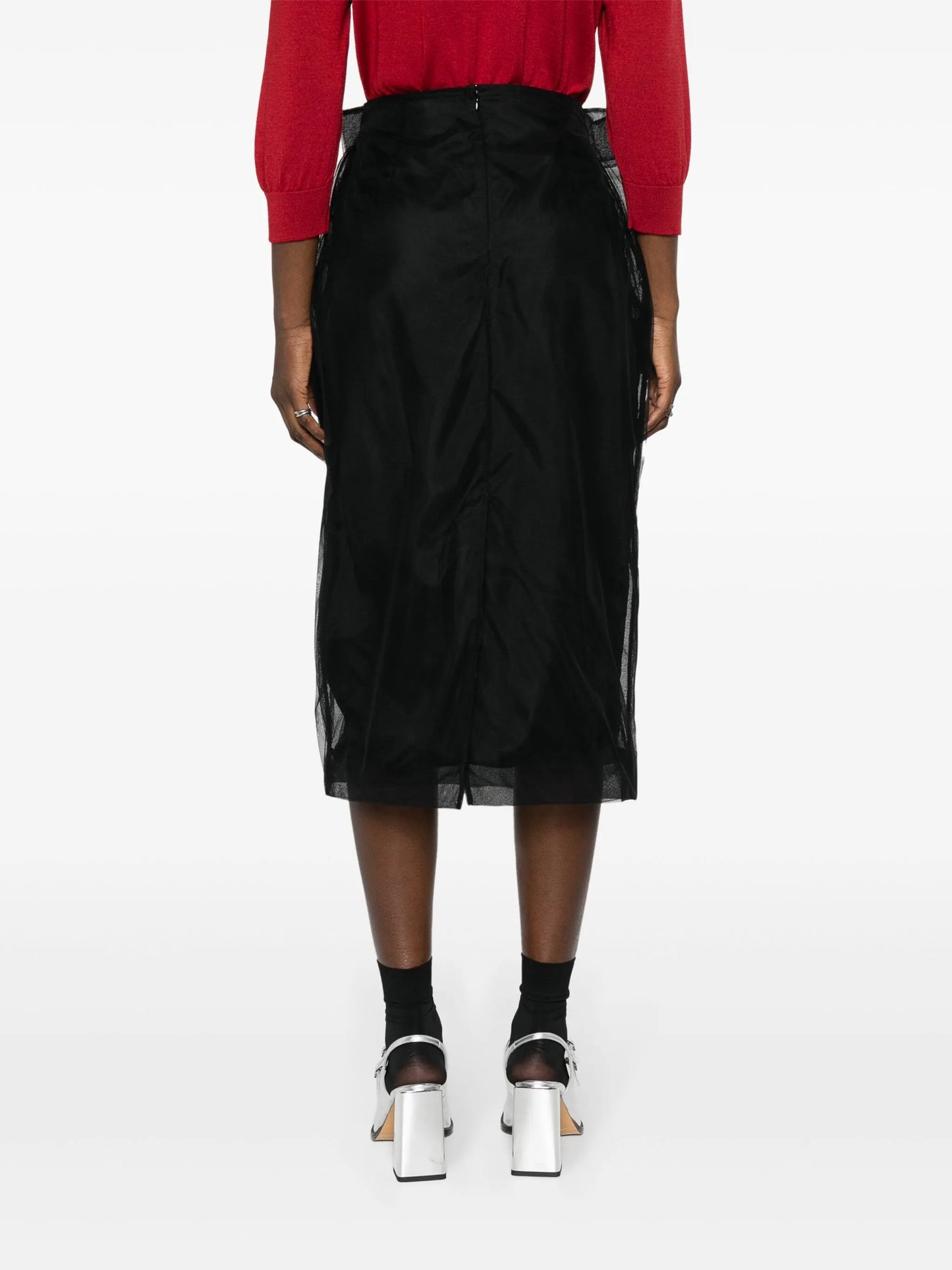 draped-waist tulle midi skirt