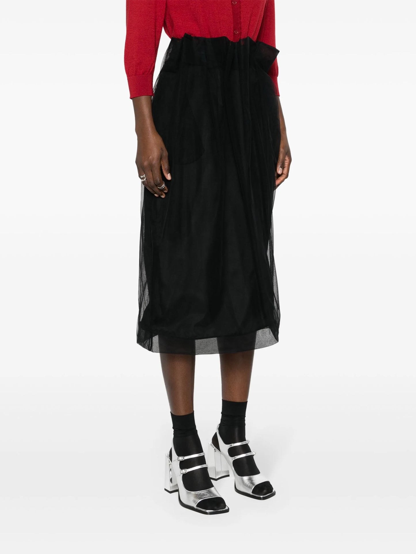 draped-waist tulle midi skirt