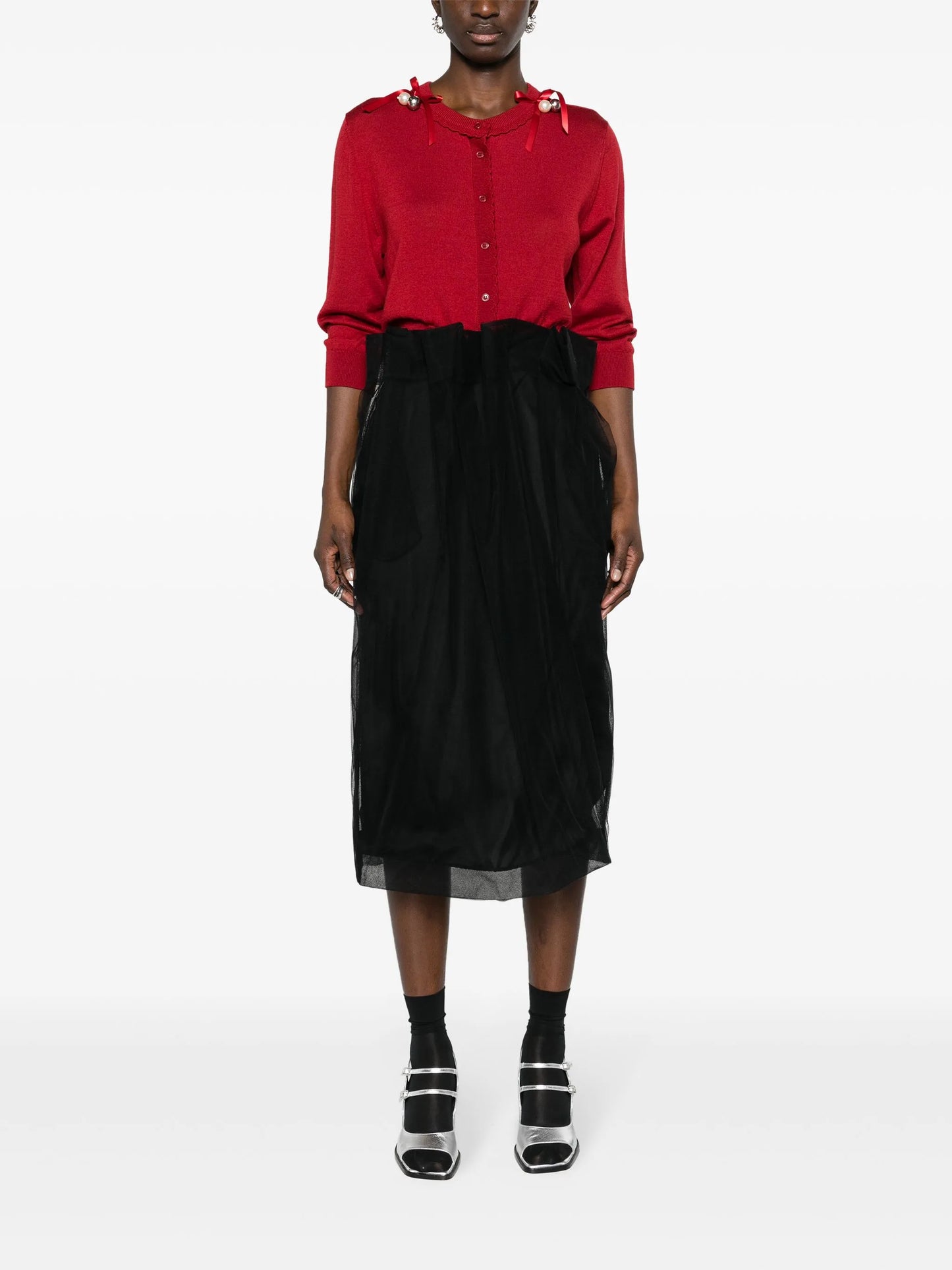 draped-waist tulle midi skirt