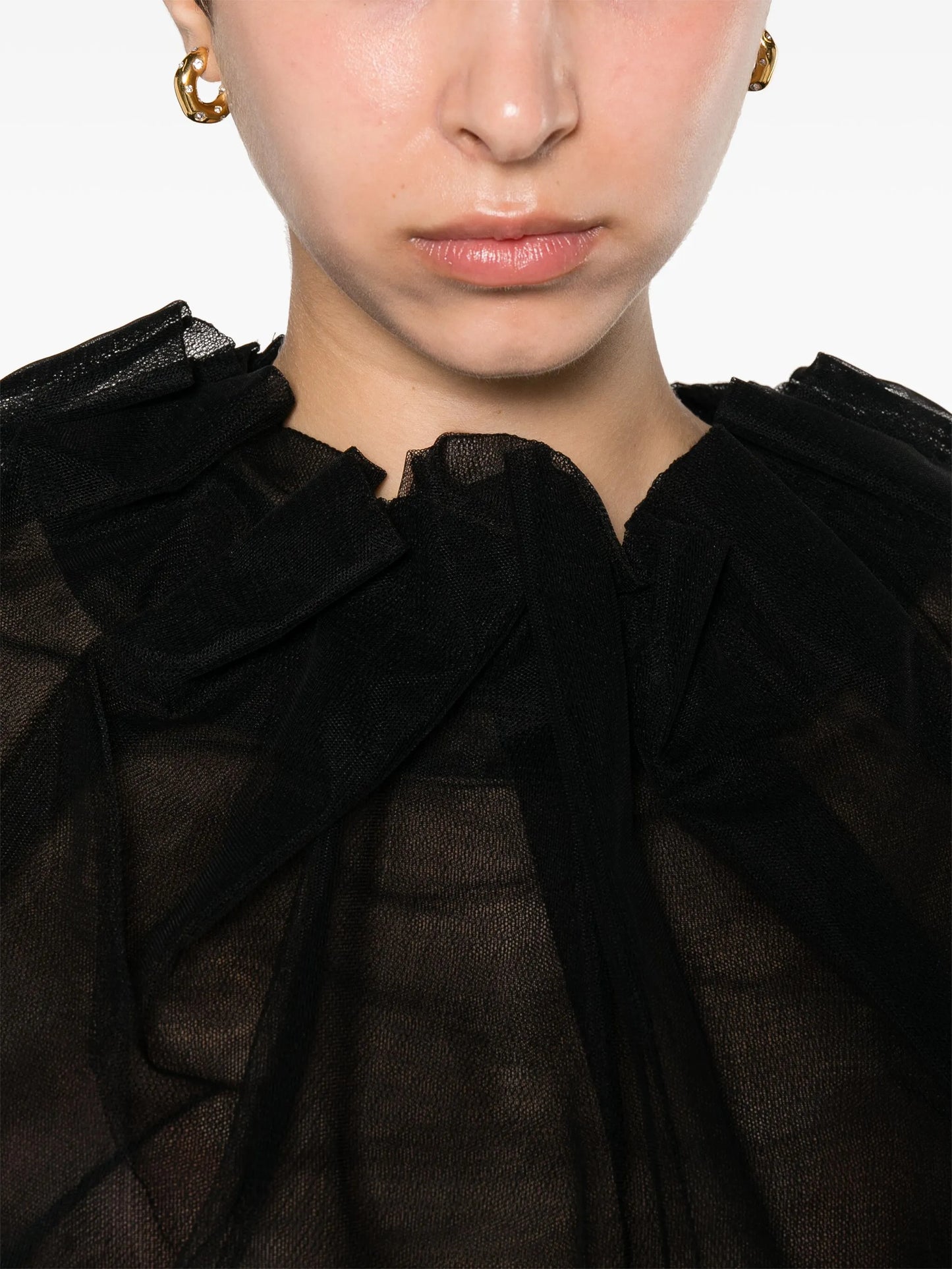 gathered-neckline tulle blouse