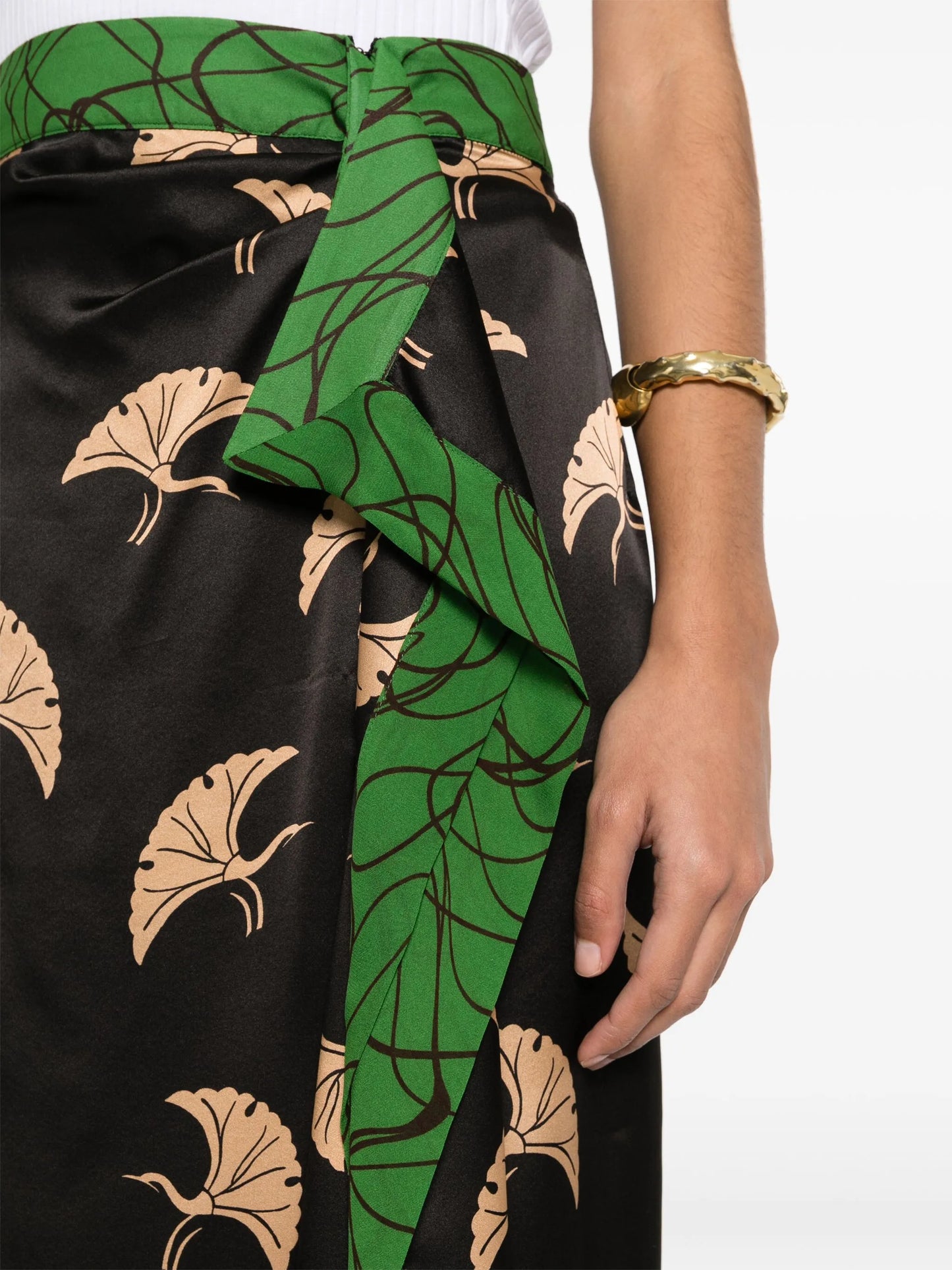 peacock-print midi satin skirt