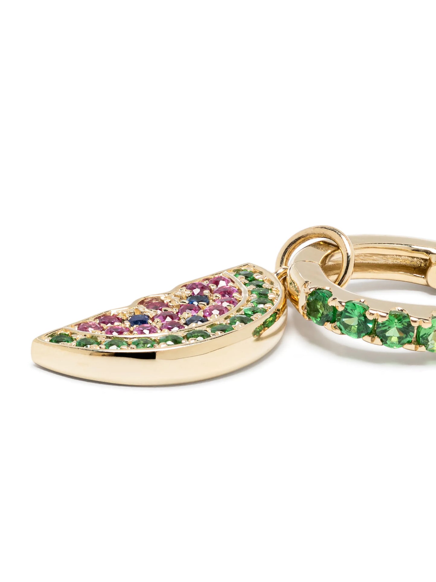 14kt yellow gold ruby and emerald huggie earring