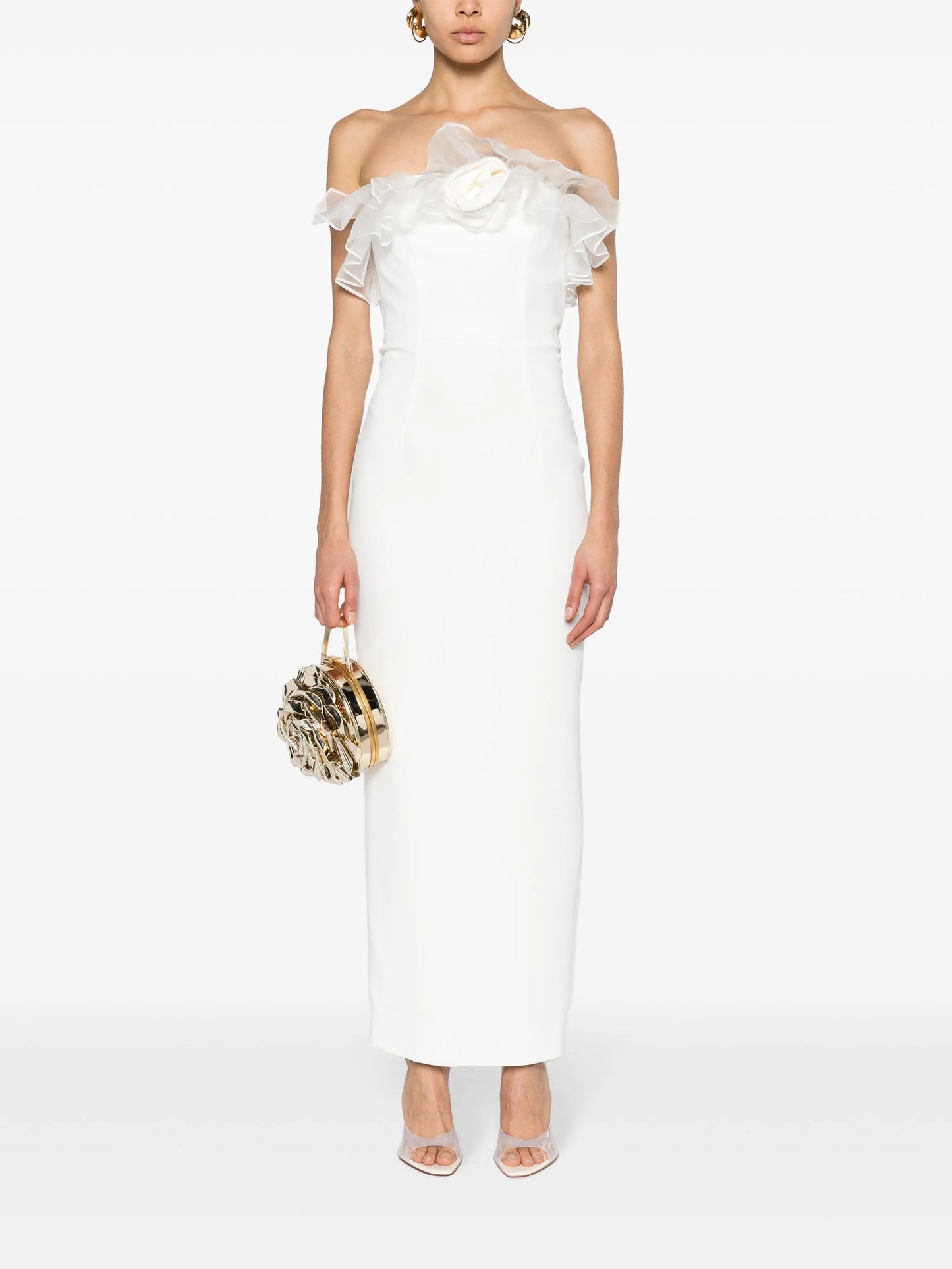 floral-appliqué cady gown
