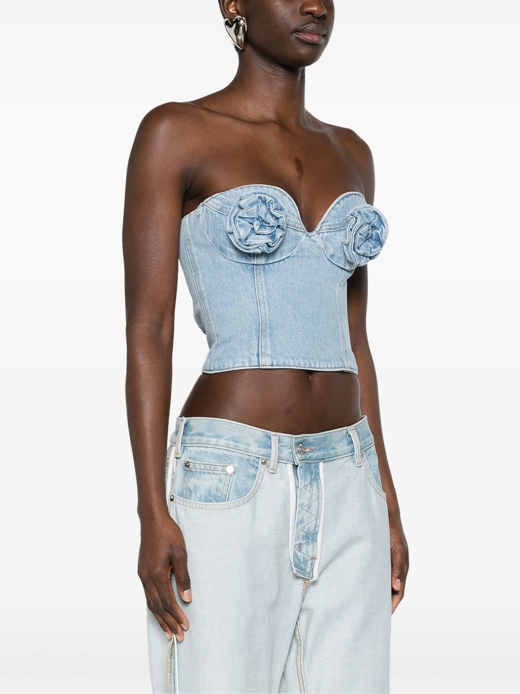 floral-appliqué denim corset top