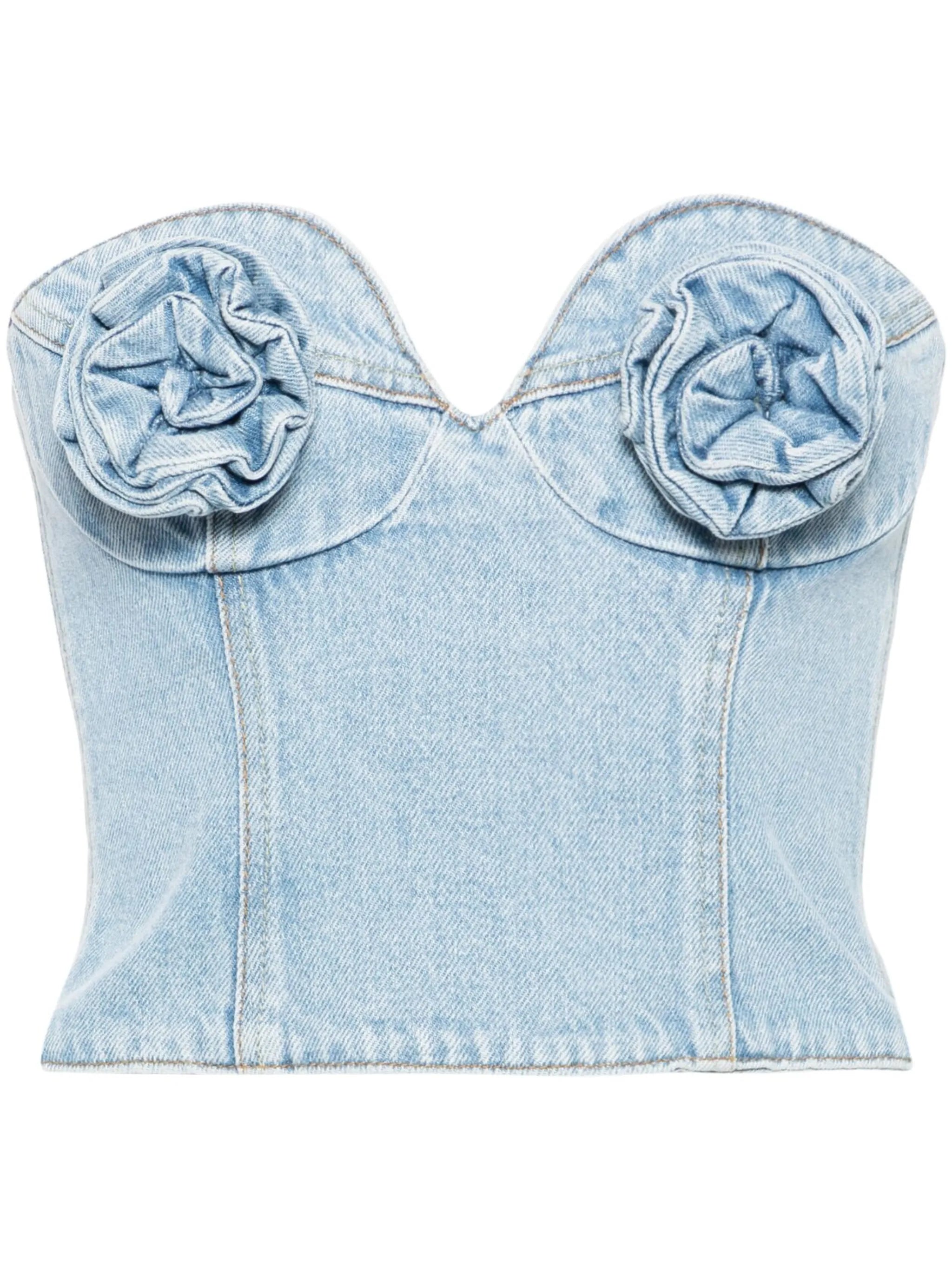 floral-appliqué denim corset top