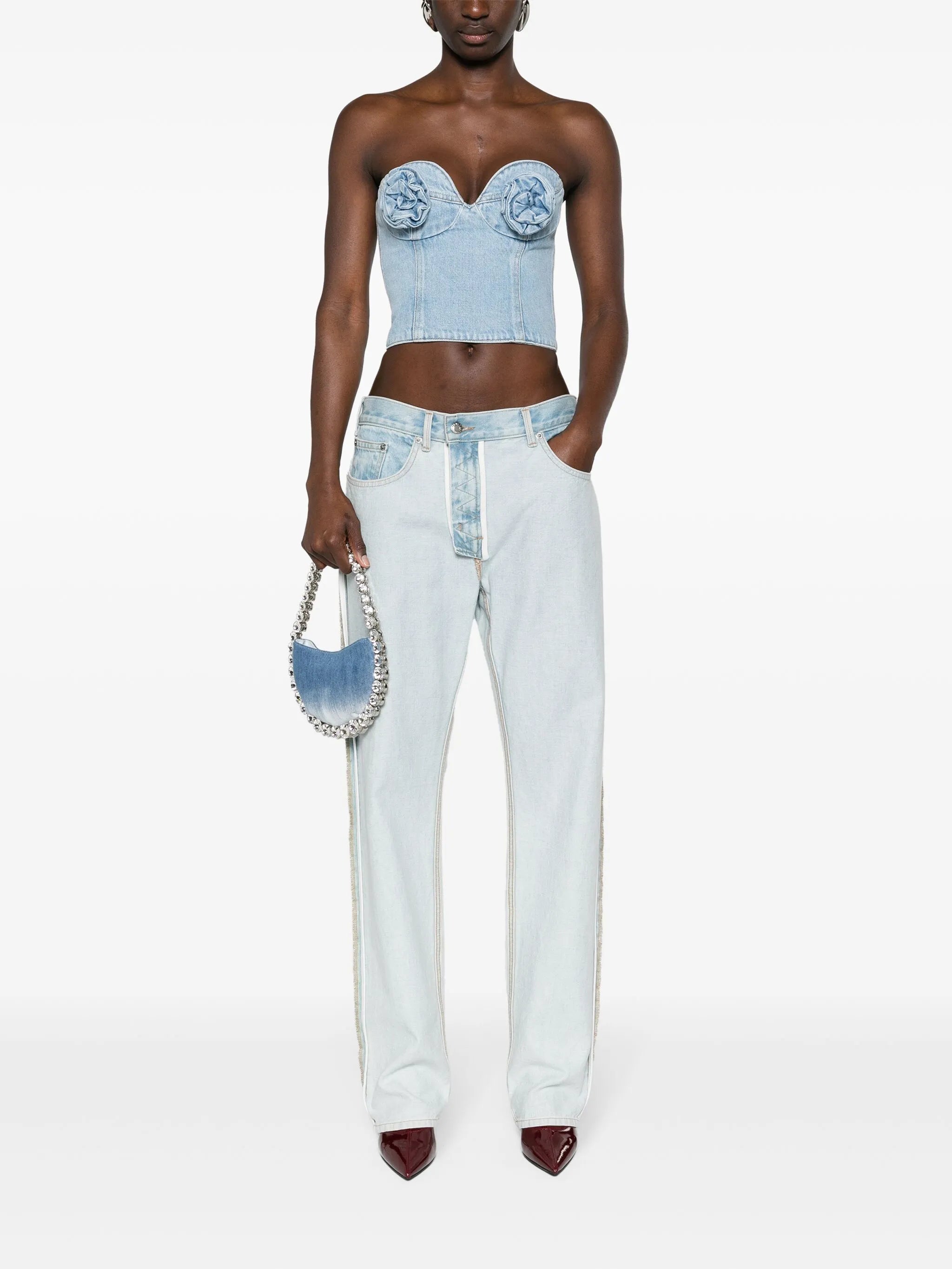 floral-appliqué denim corset top