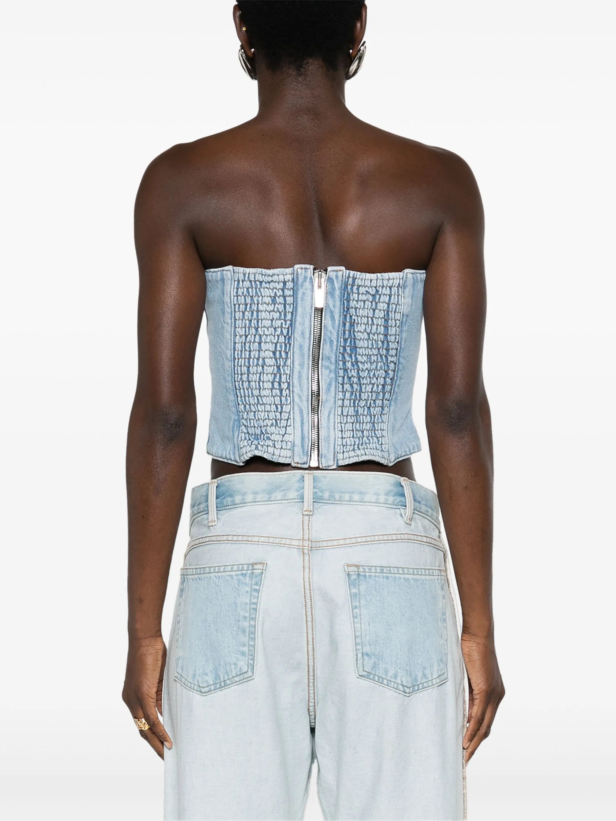 floral-appliqué denim corset top