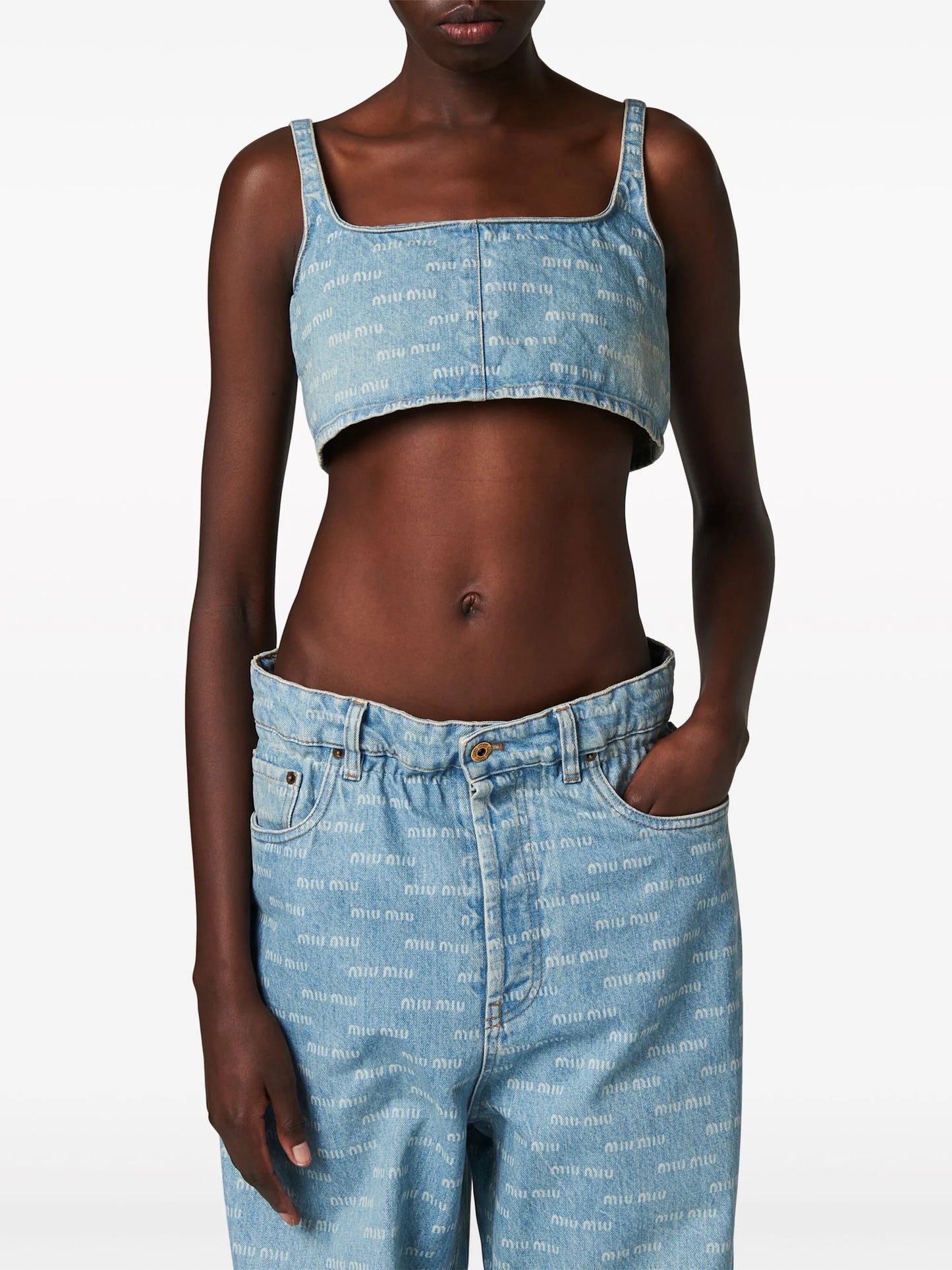 logo-print denim crop top