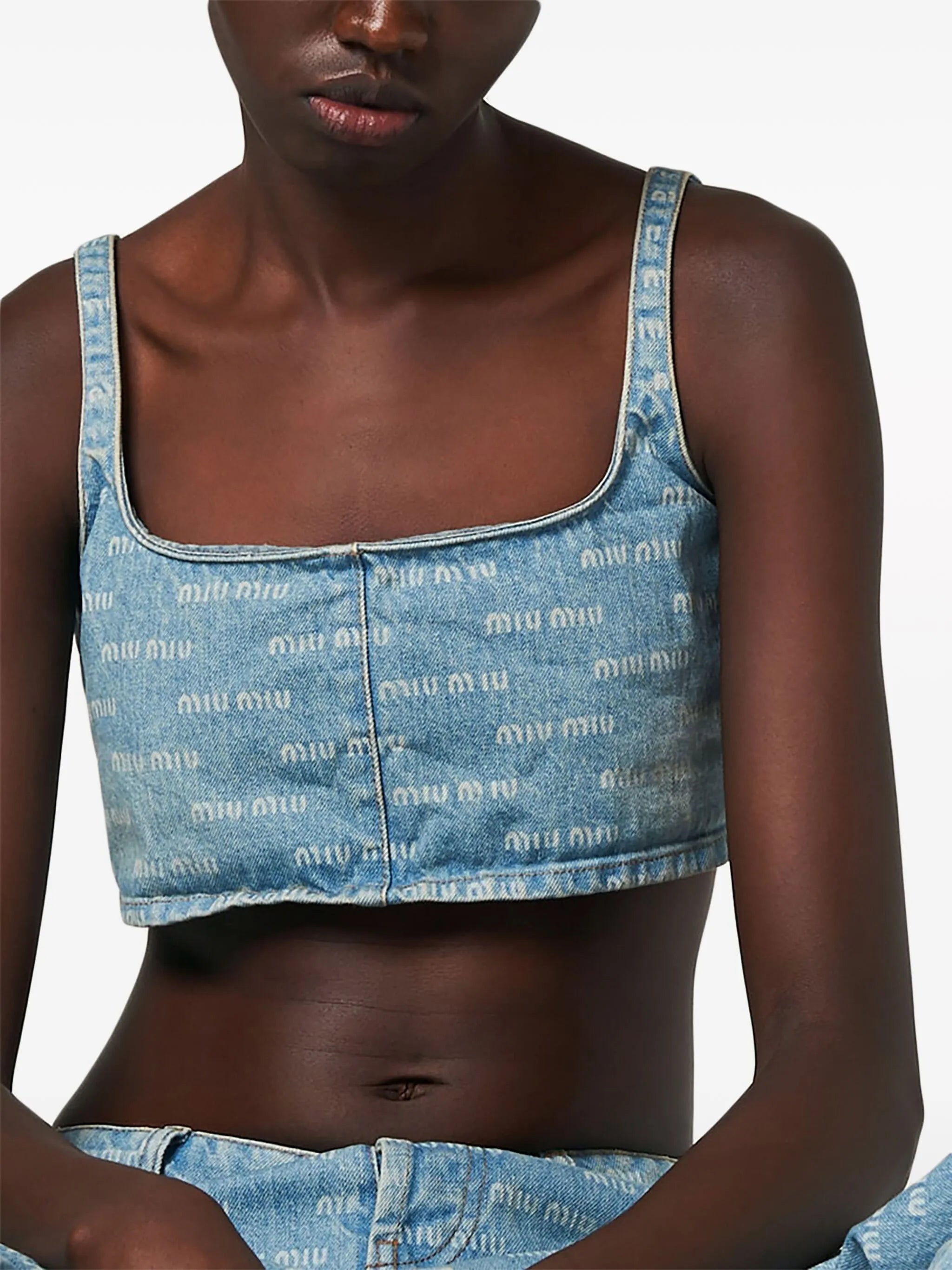 logo-print denim crop top