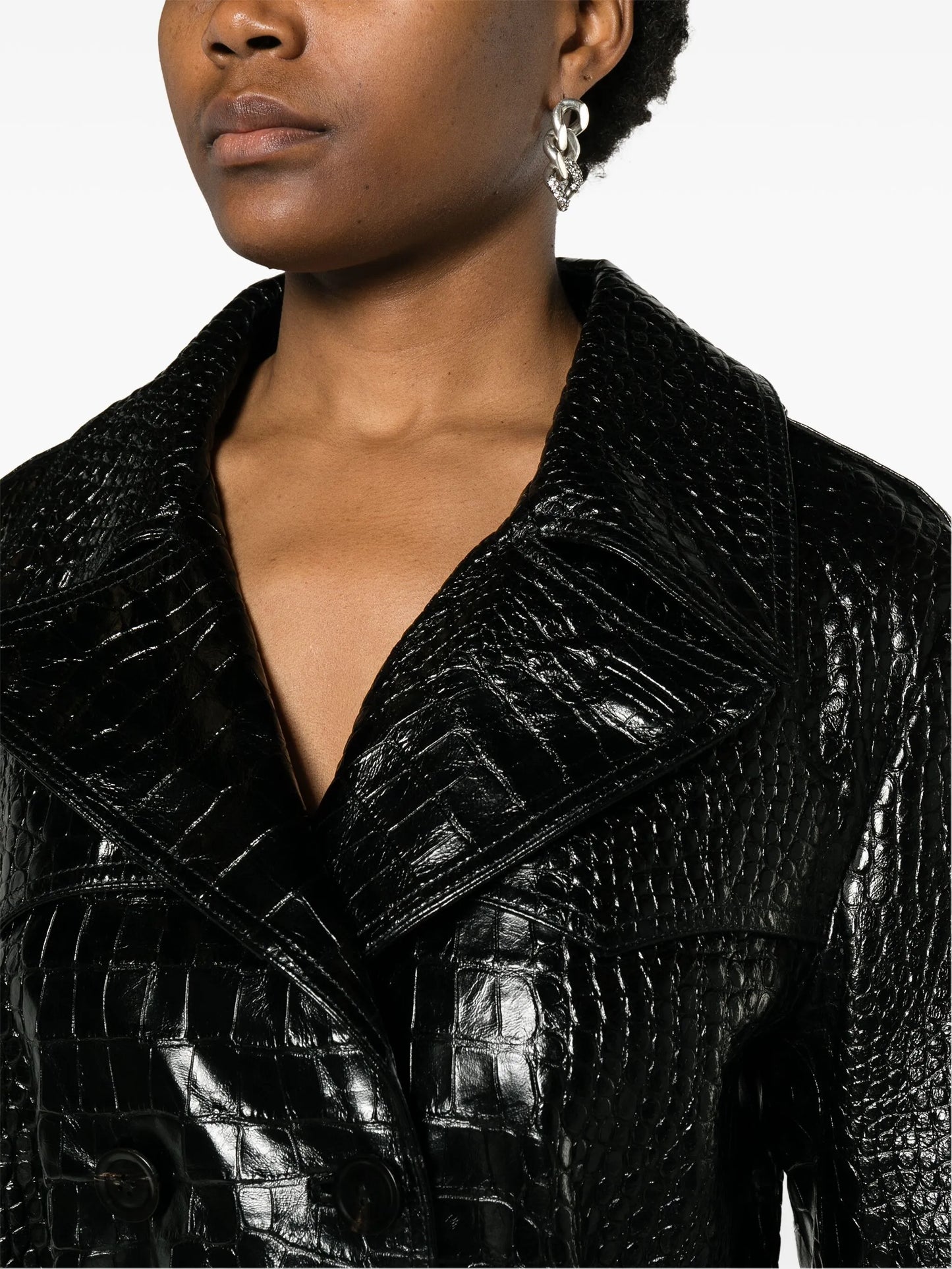 crocodile-effect leather trench coat