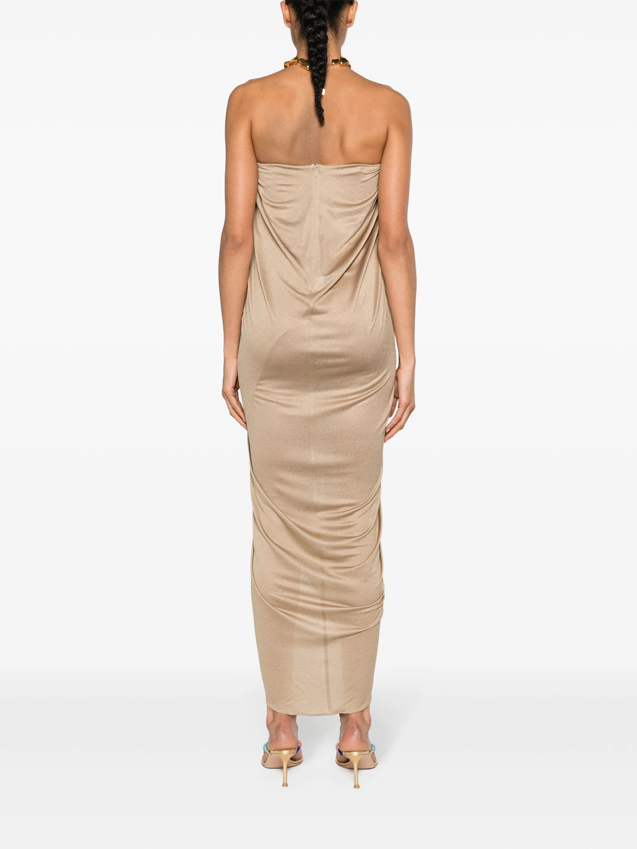 Butterfly-pin draped gown