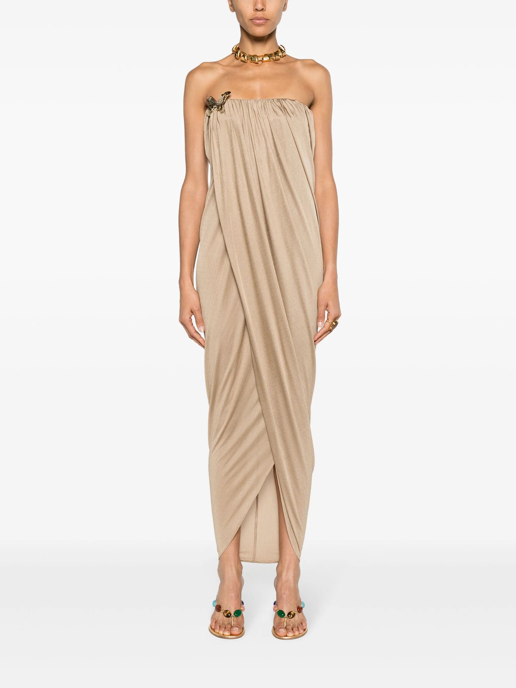 Butterfly-pin draped gown