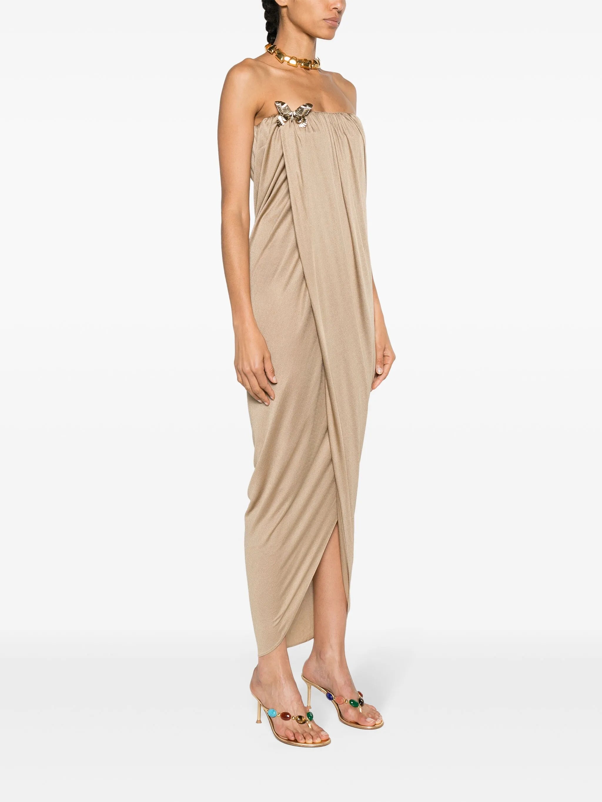Butterfly-pin draped gown