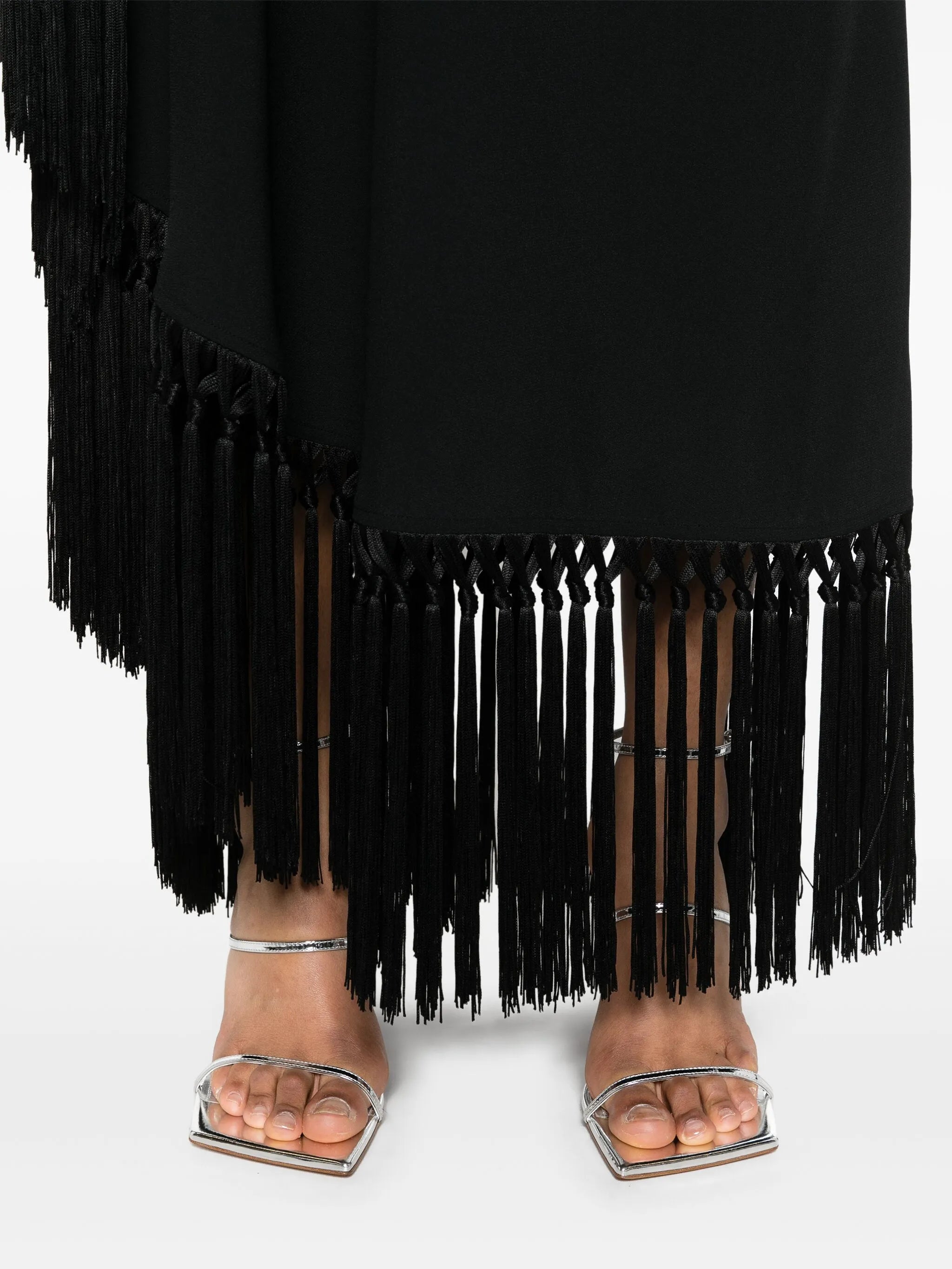 one-shoulder fringed midi dress