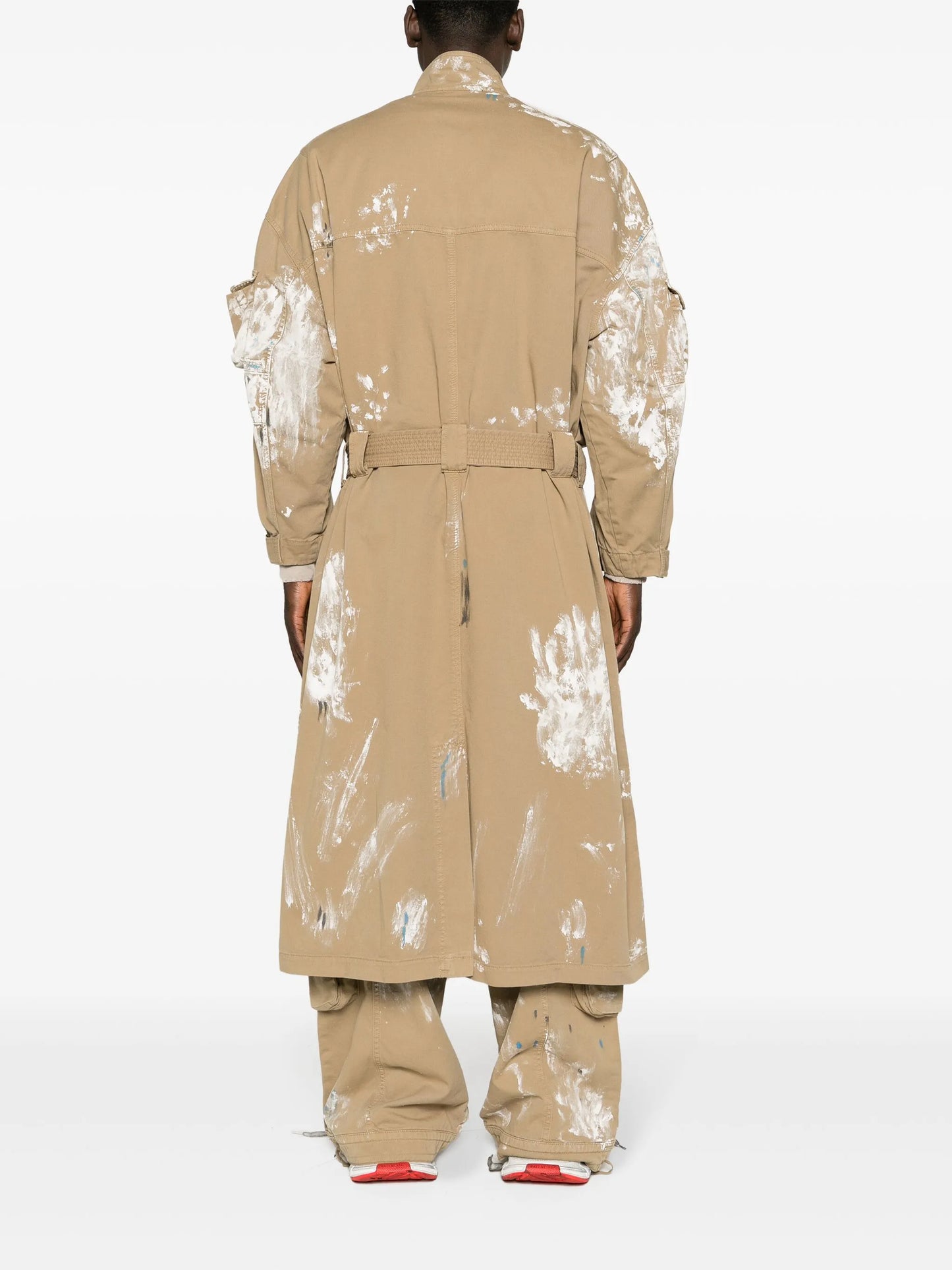 paint-splatter cargo trench coat