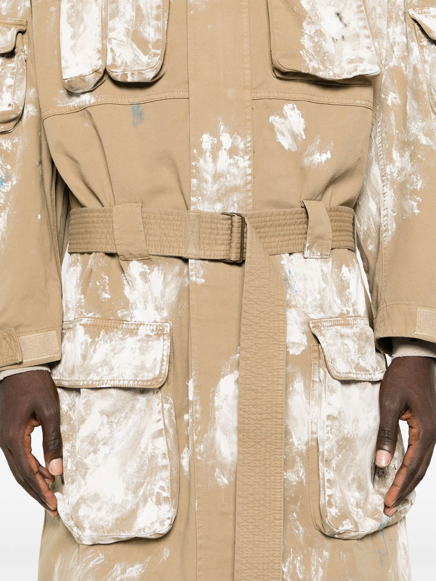 paint-splatter cargo trench coat