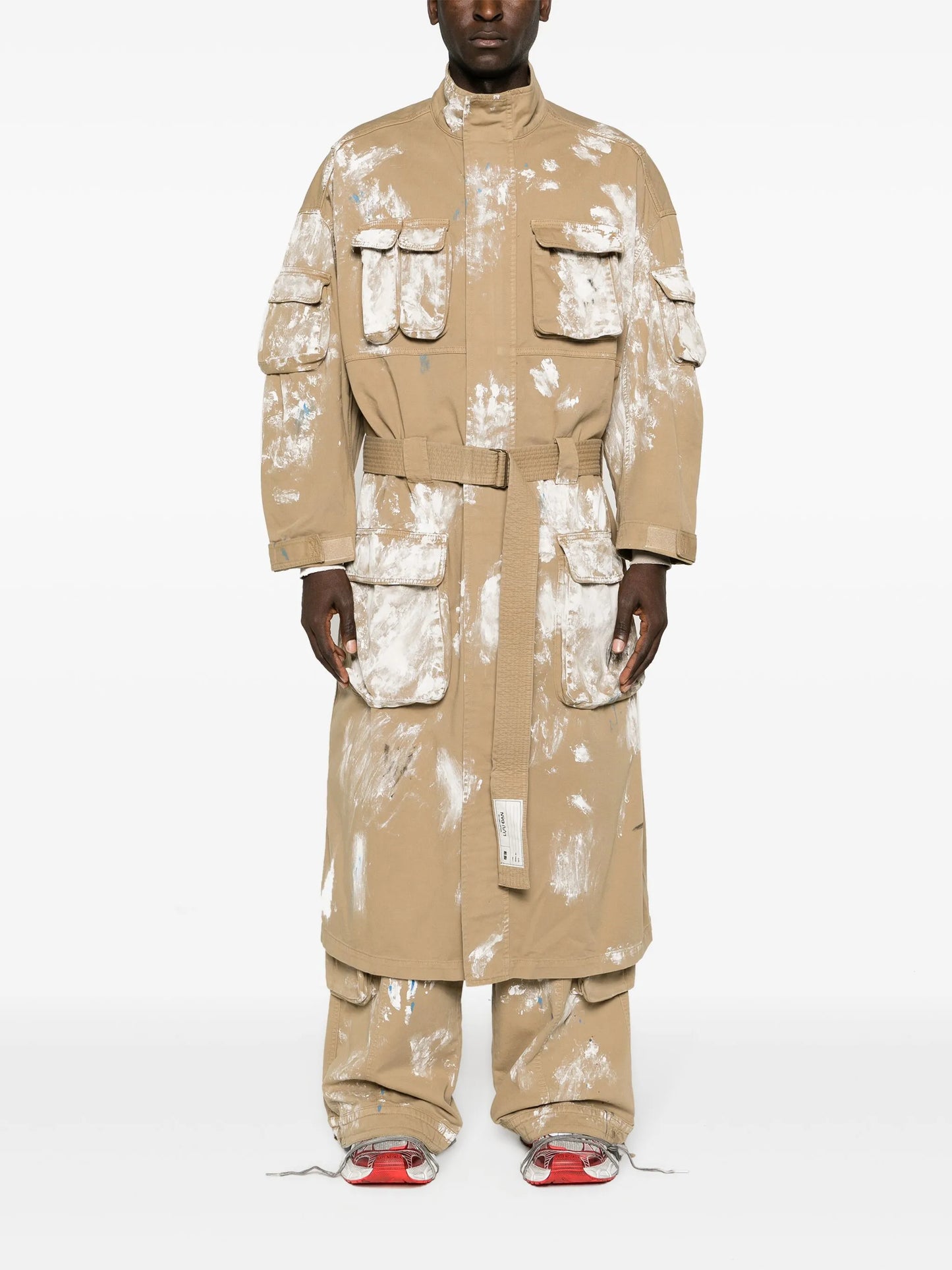 paint-splatter cargo trench coat