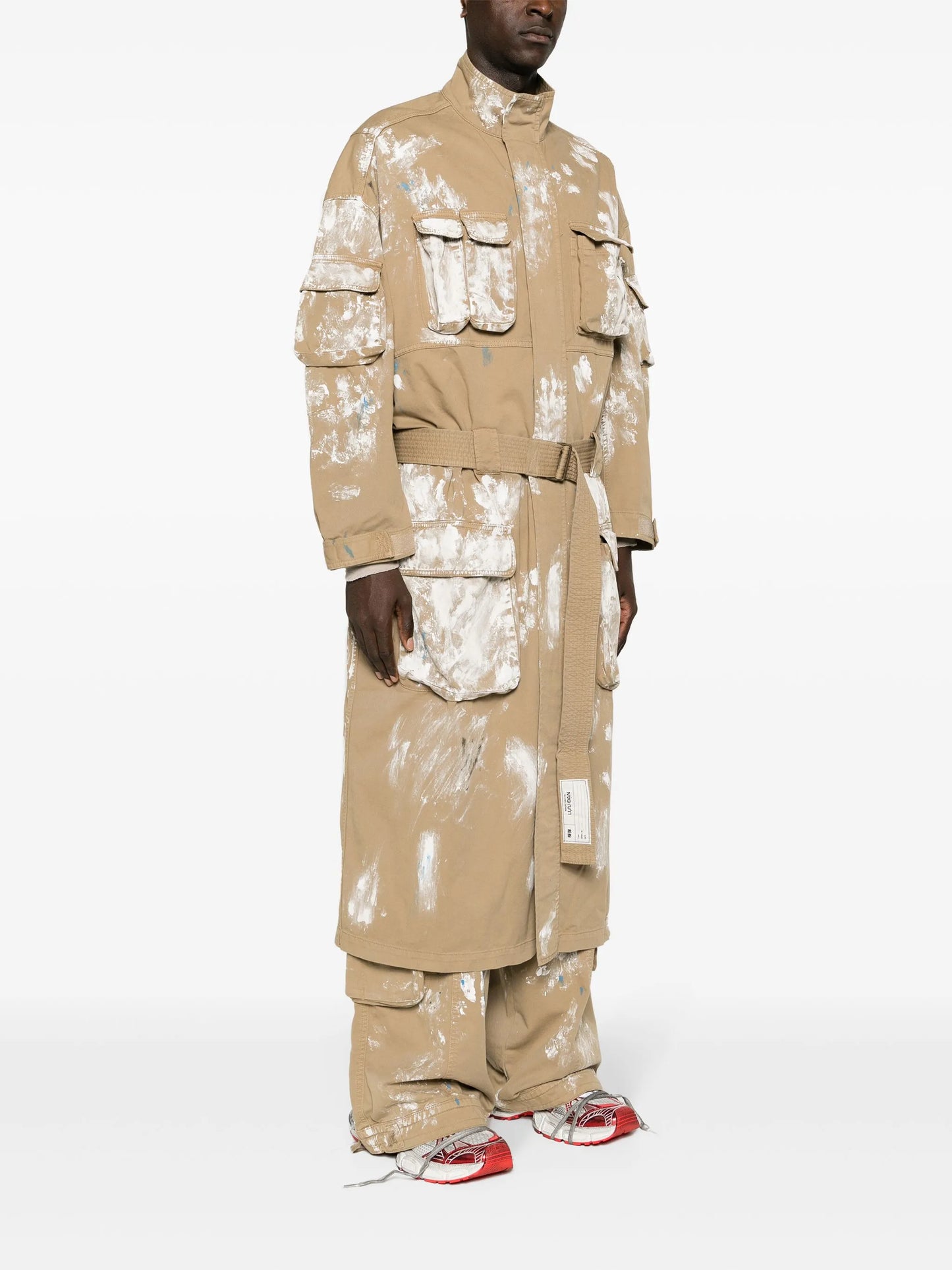 paint-splatter cargo trench coat