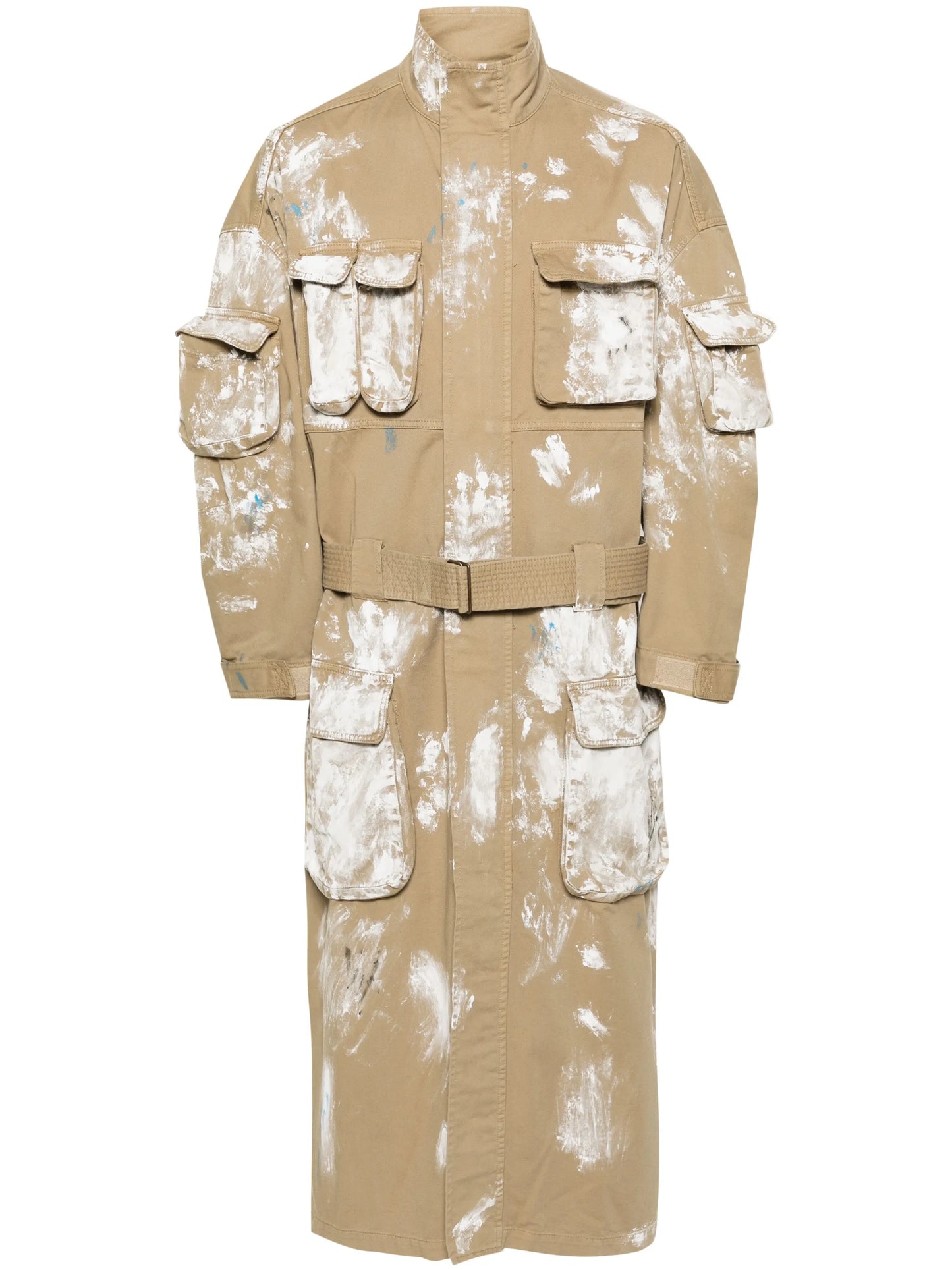 paint-splatter cargo trench coat