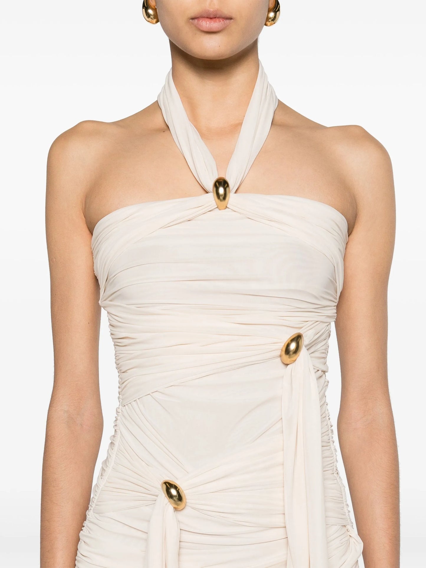 halterneck ruched maxi dress
