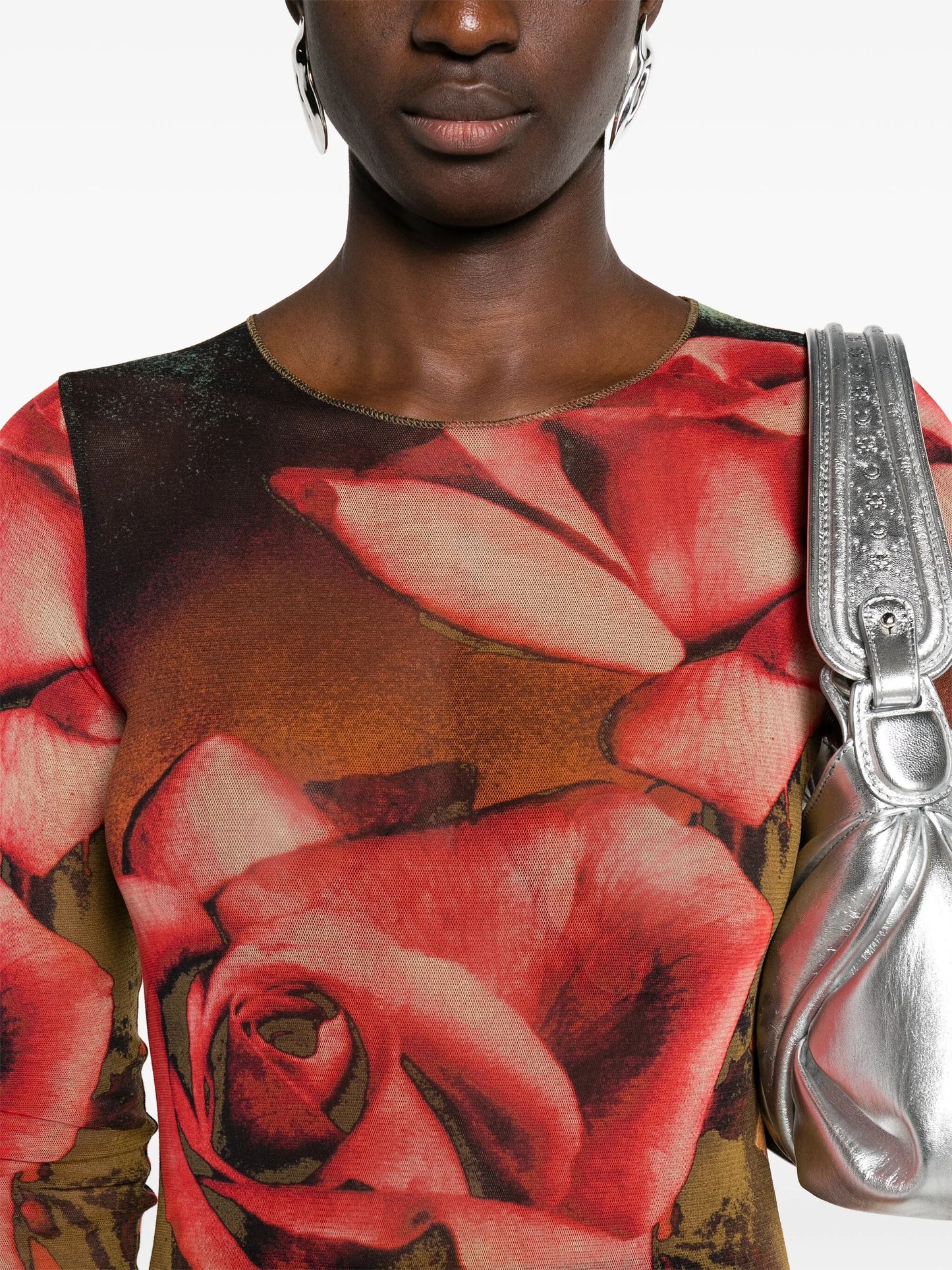 rose-print mesh midi dress