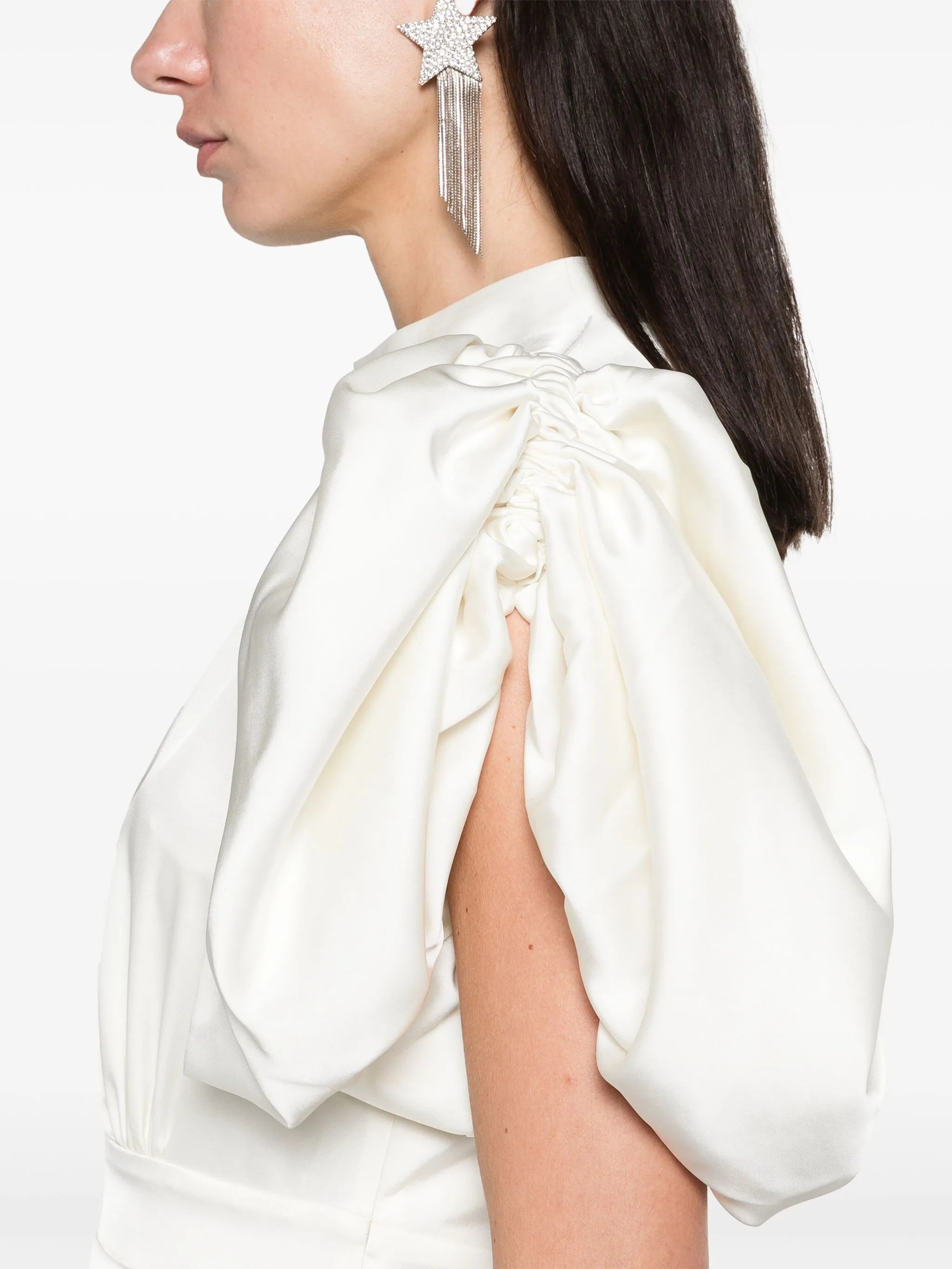 puff-sleeve satin midi dress