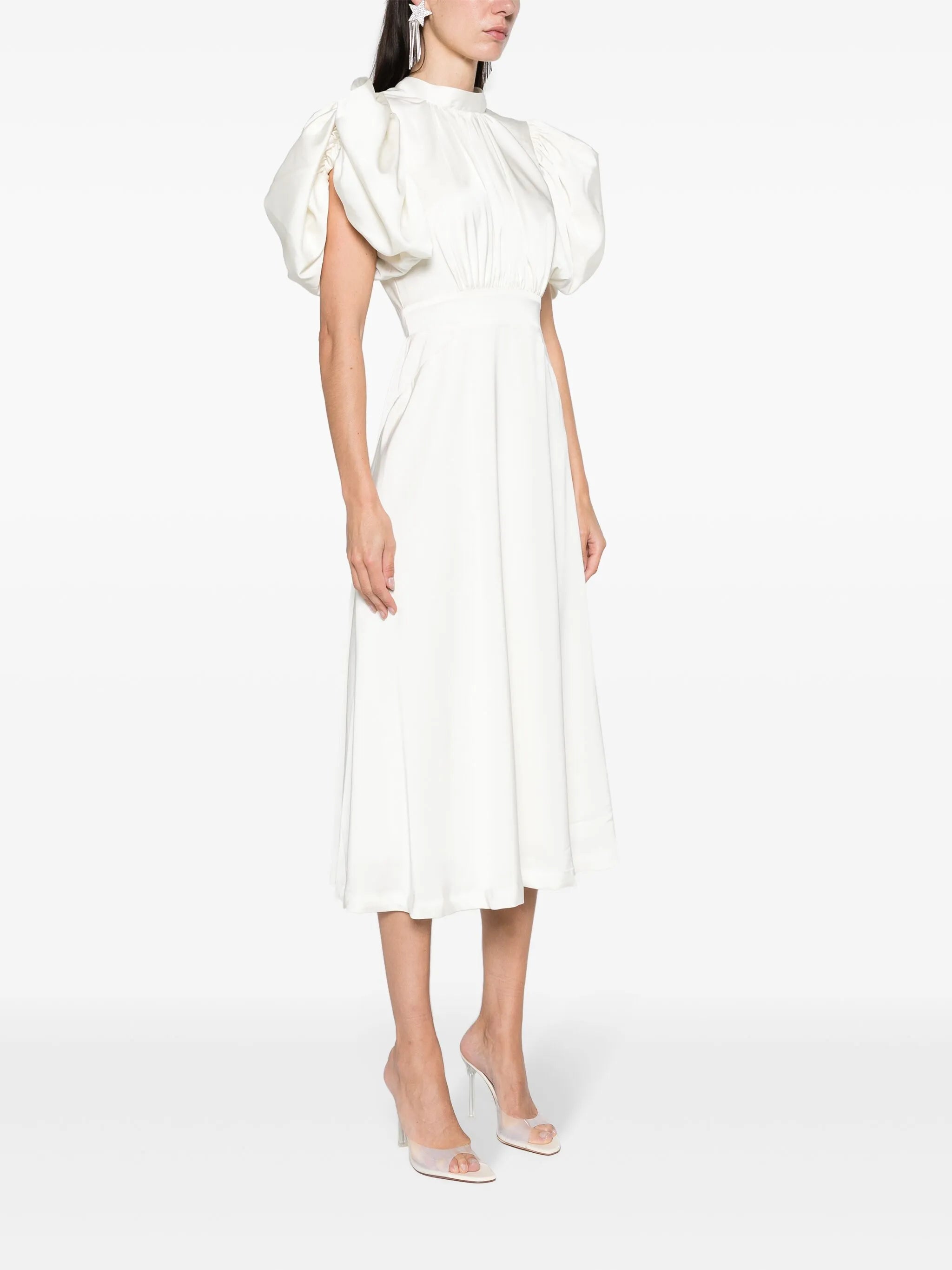 puff-sleeve satin midi dress