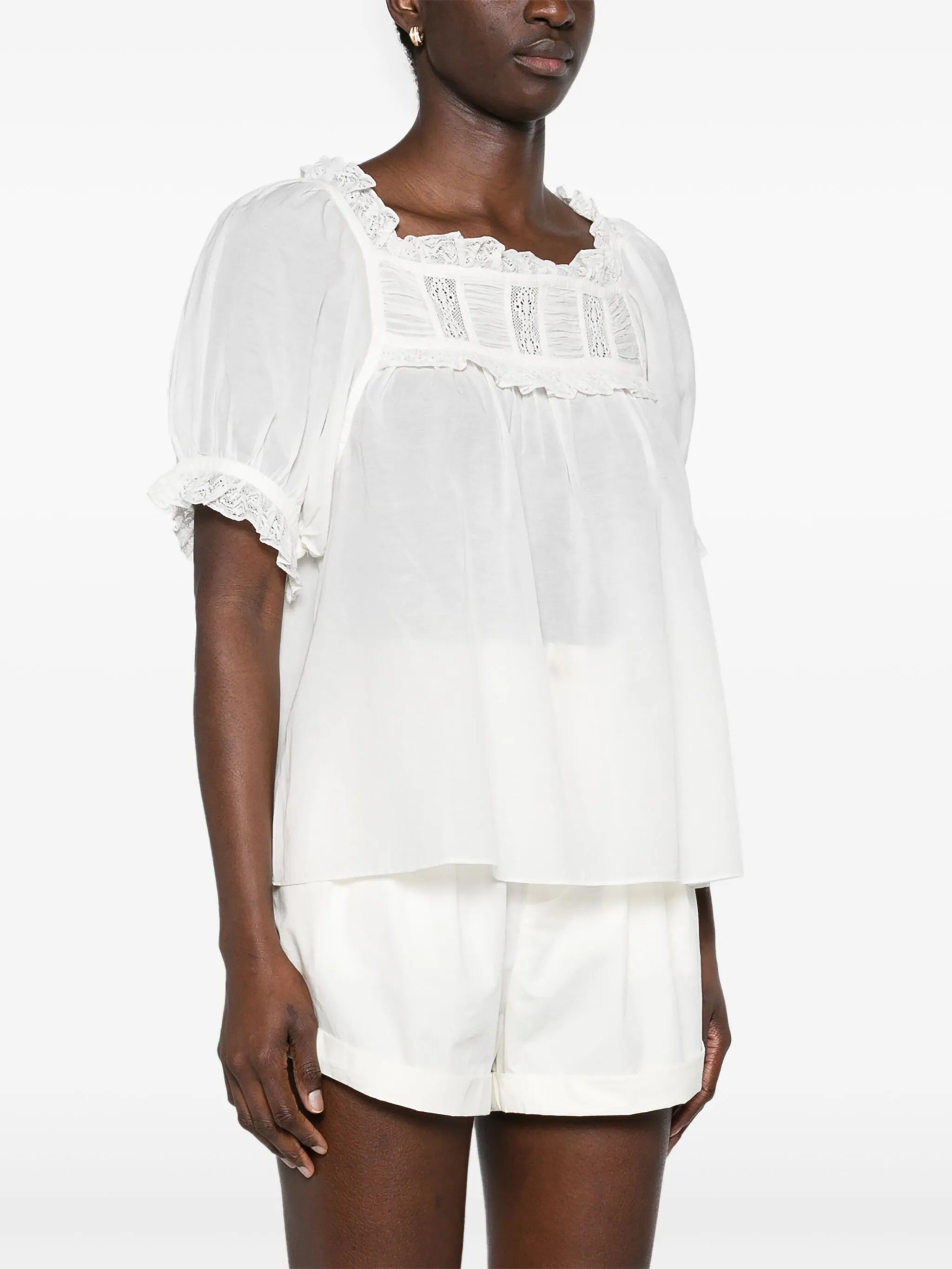 lace-detailed puff-sleeve blouse