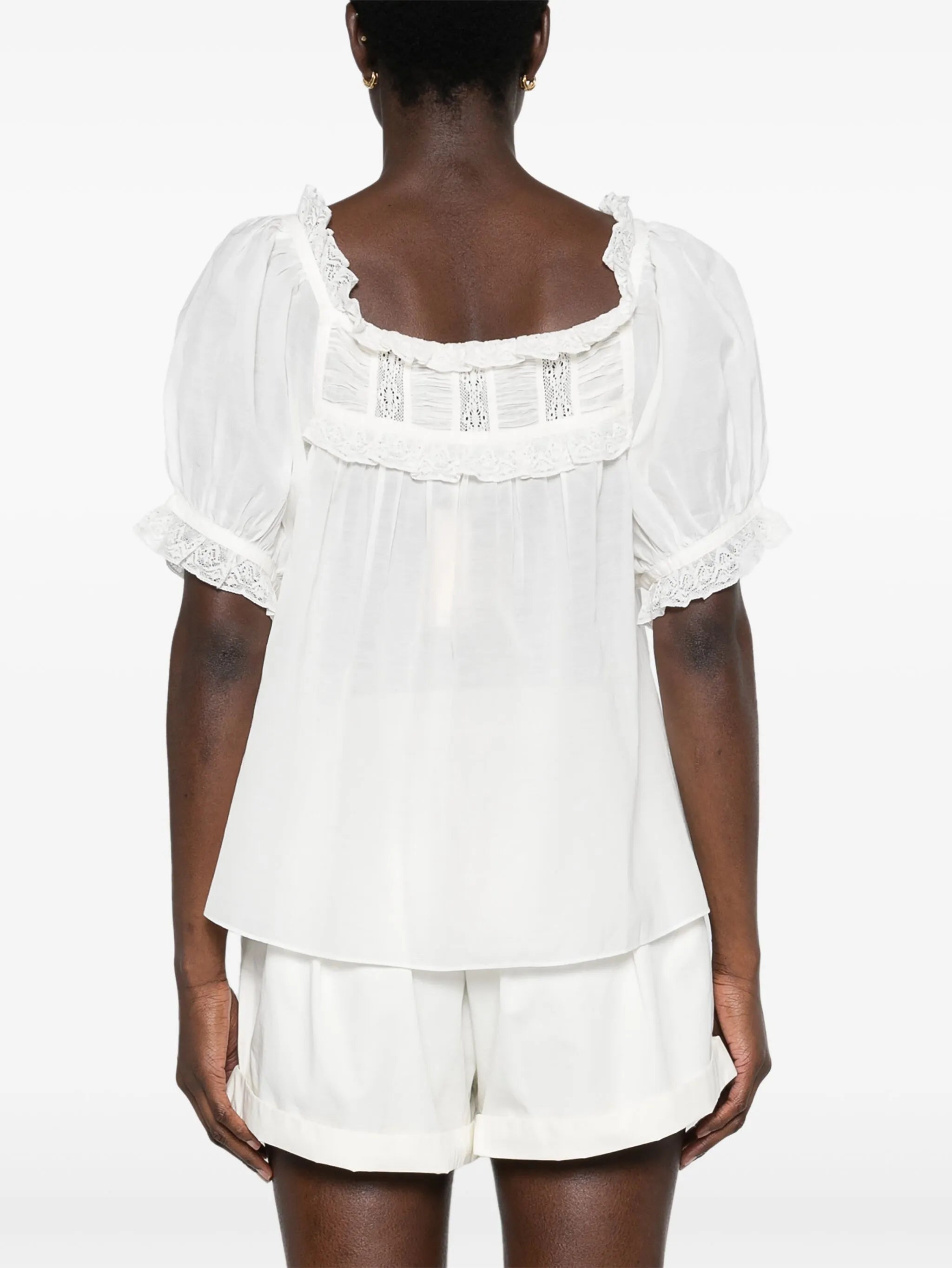 lace-detailed puff-sleeve blouse