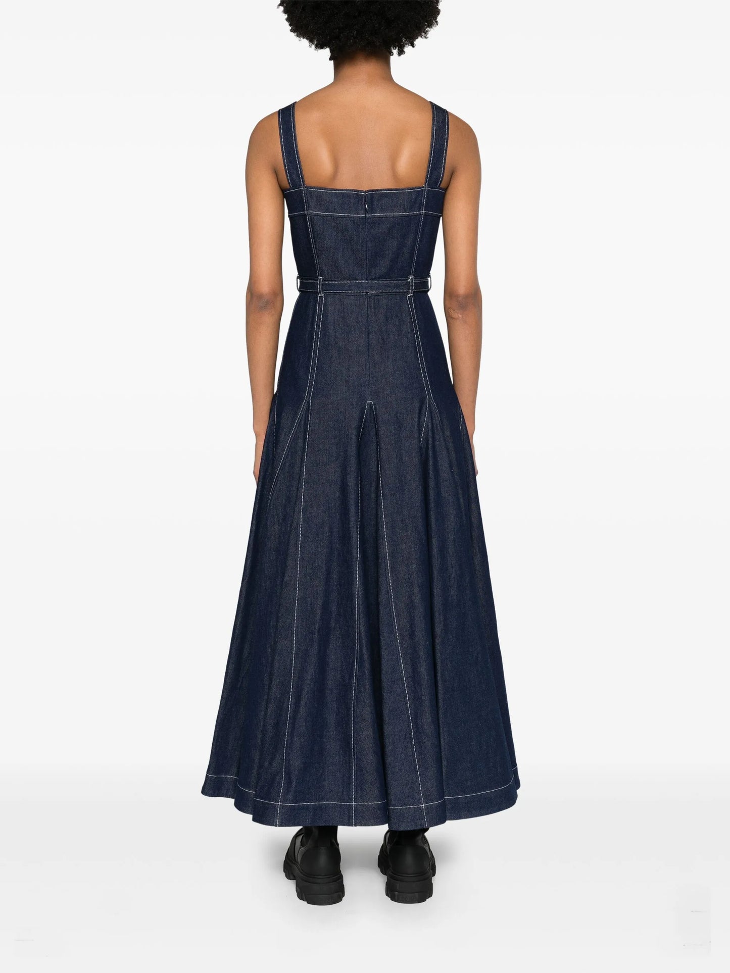 belted denim midi dress
