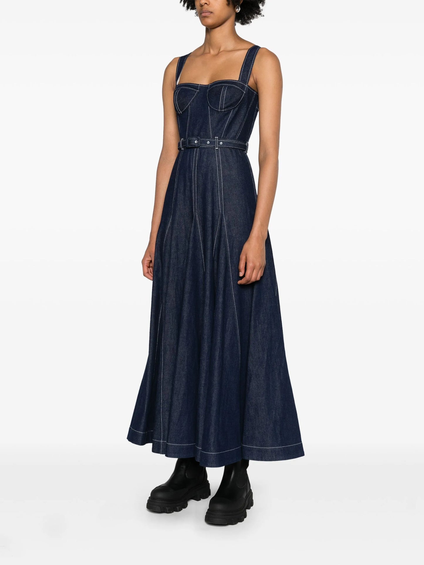 belted denim midi dress