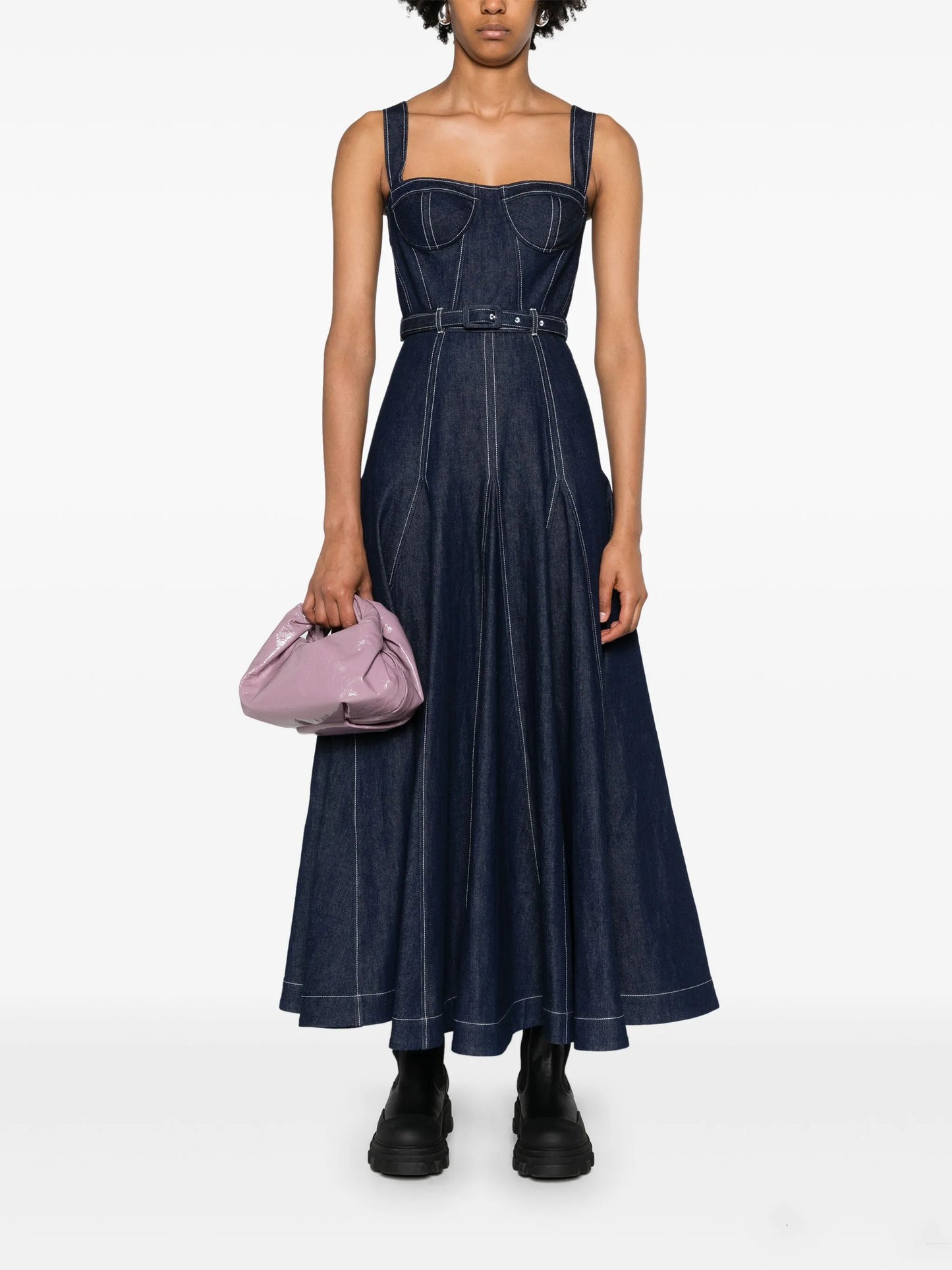 belted denim midi dress