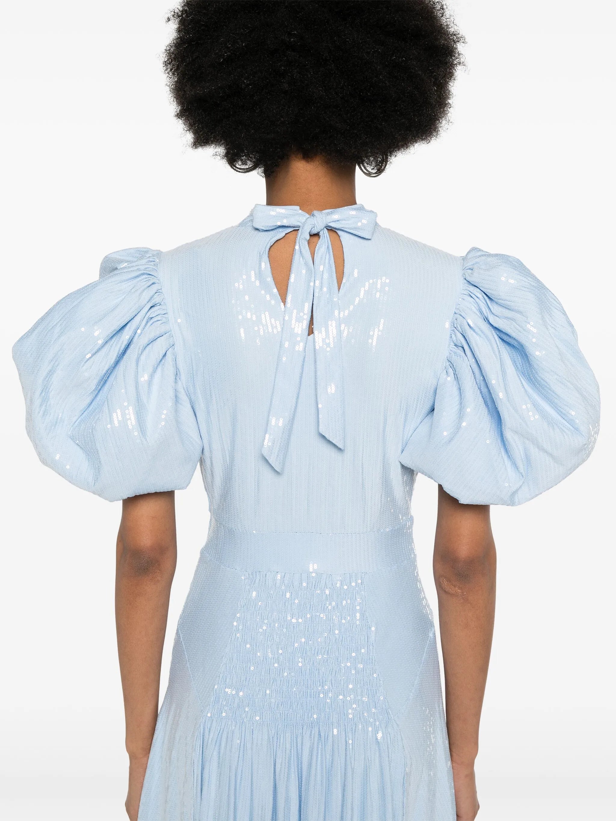 puff-sleeve sequined midi dress