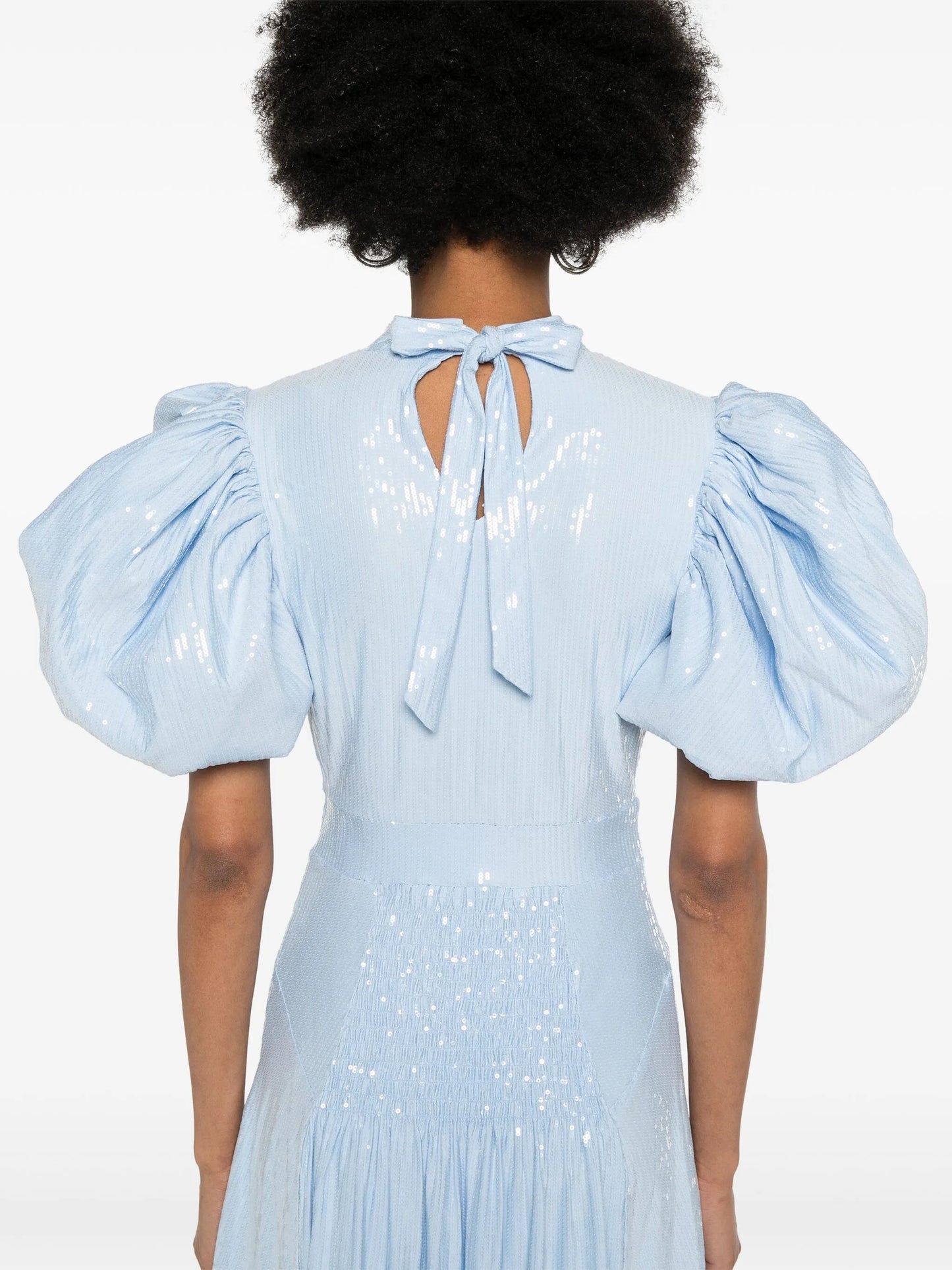 puff-sleeve sequined midi dress