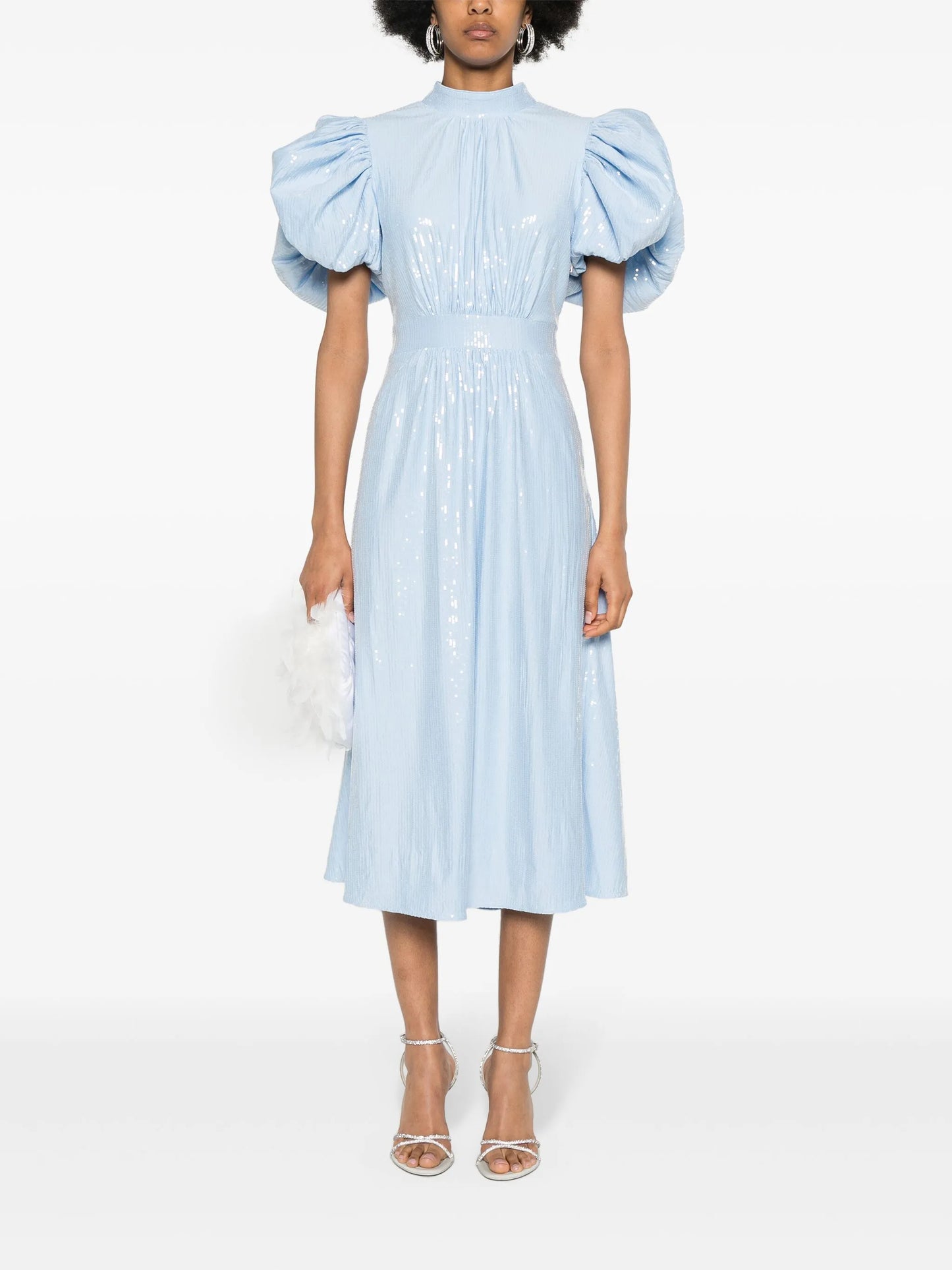 puff-sleeve sequined midi dress