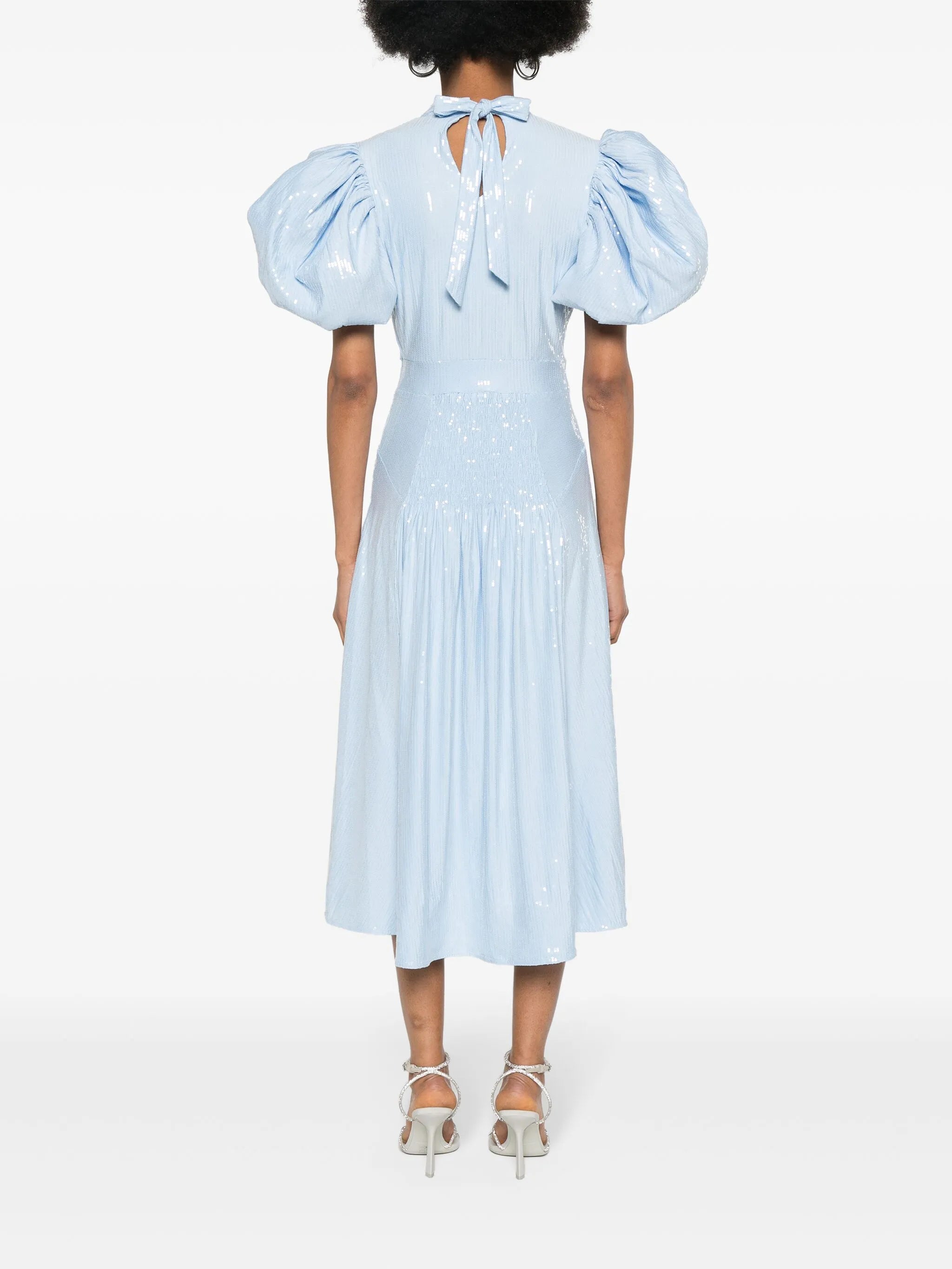 puff-sleeve sequined midi dress