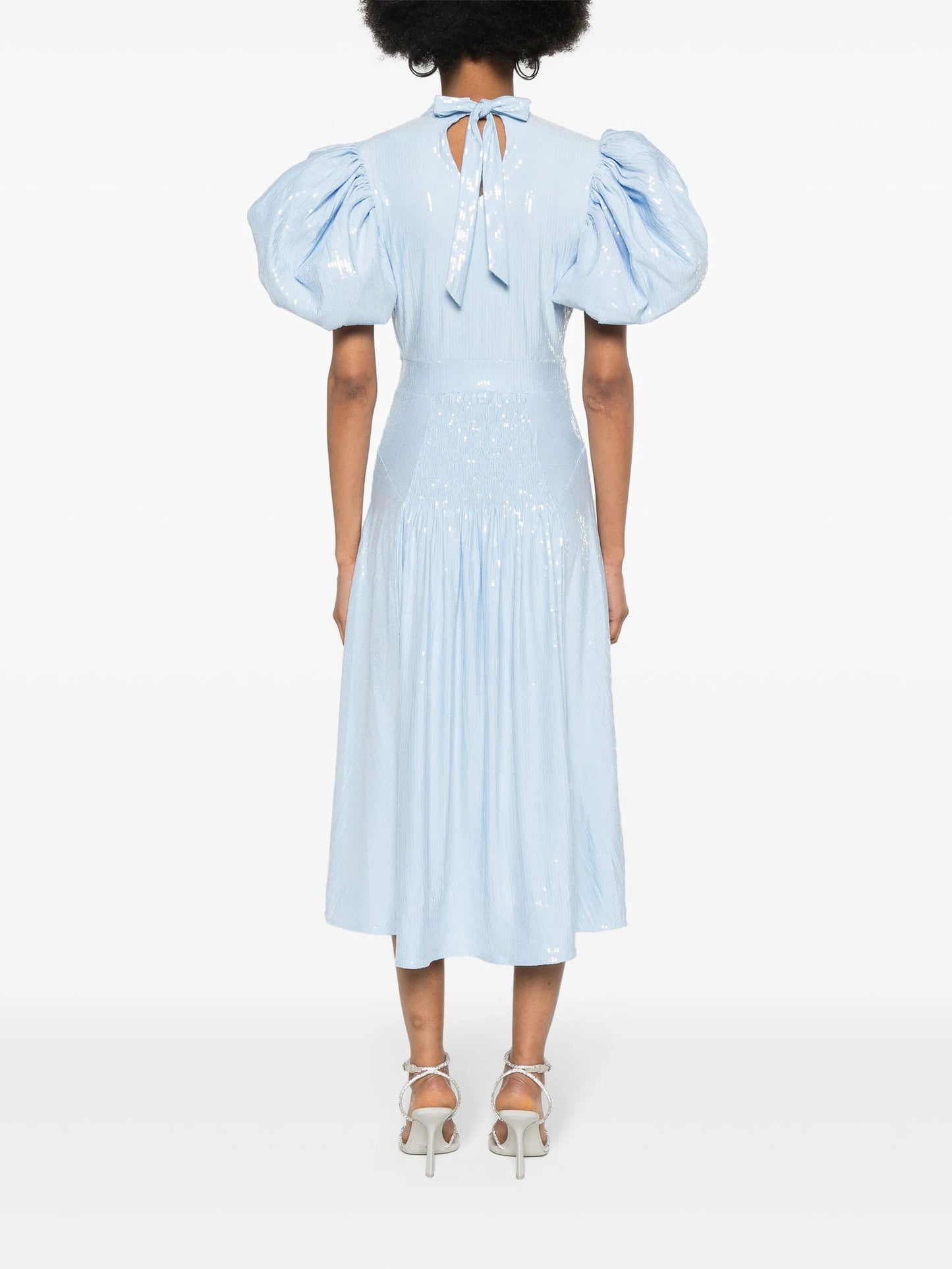 puff-sleeve sequined midi dress