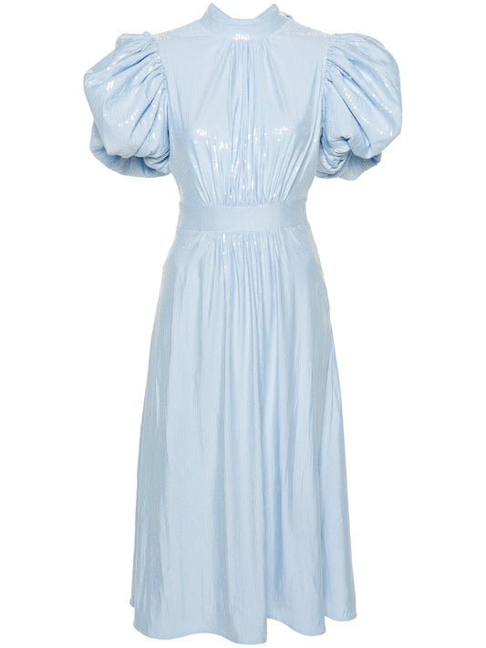 puff-sleeve sequined midi dress