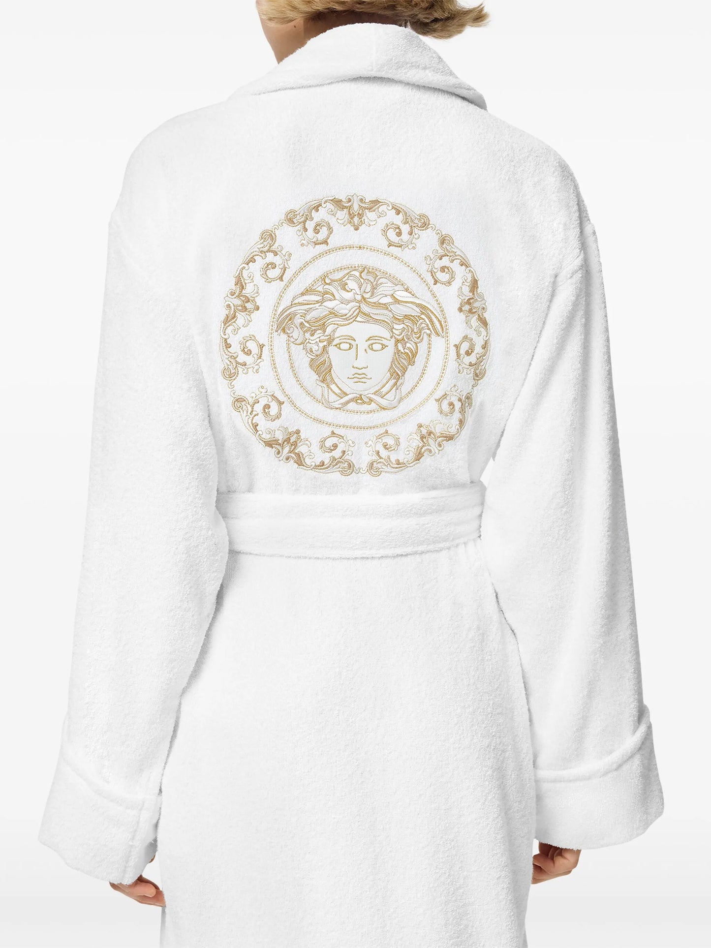 Medusa-embroidered belted bath robe