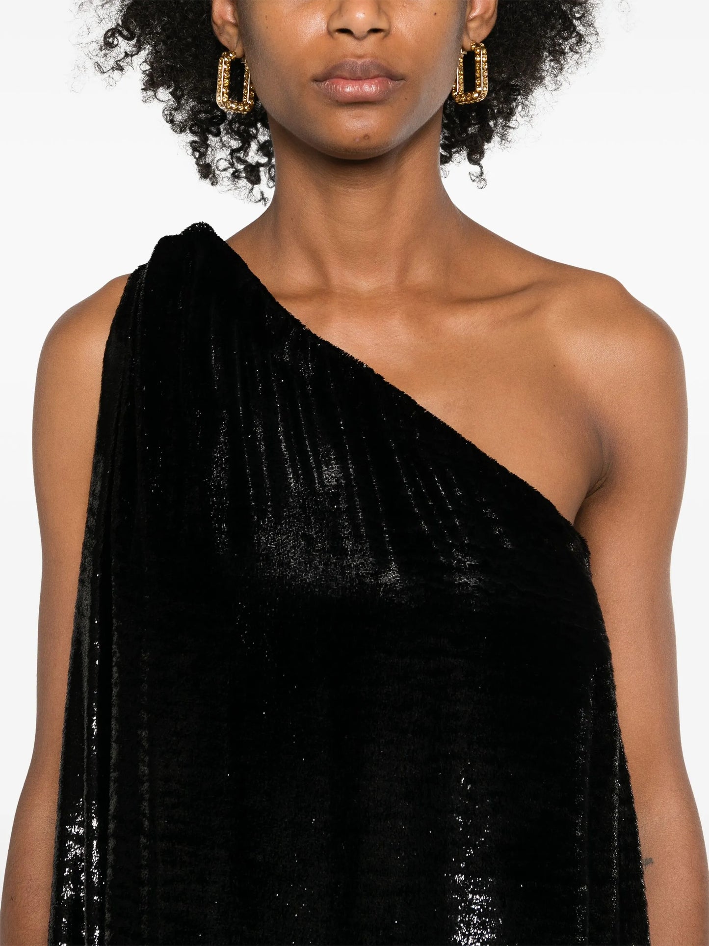 one-shoulder lamé-effect dress