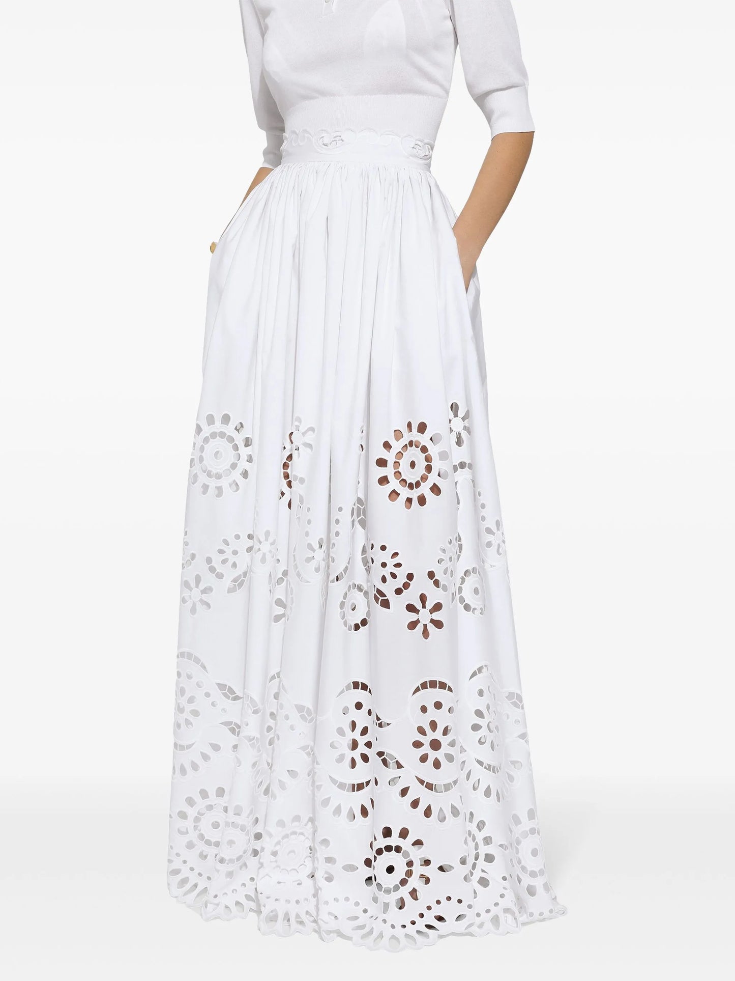 openwork-embroidery pleated maxi skirt