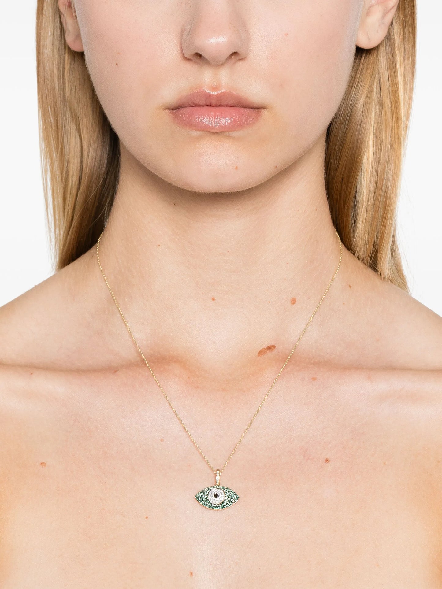 14kt yellow gold Puffy Evil Eye emerald and diamond necklace