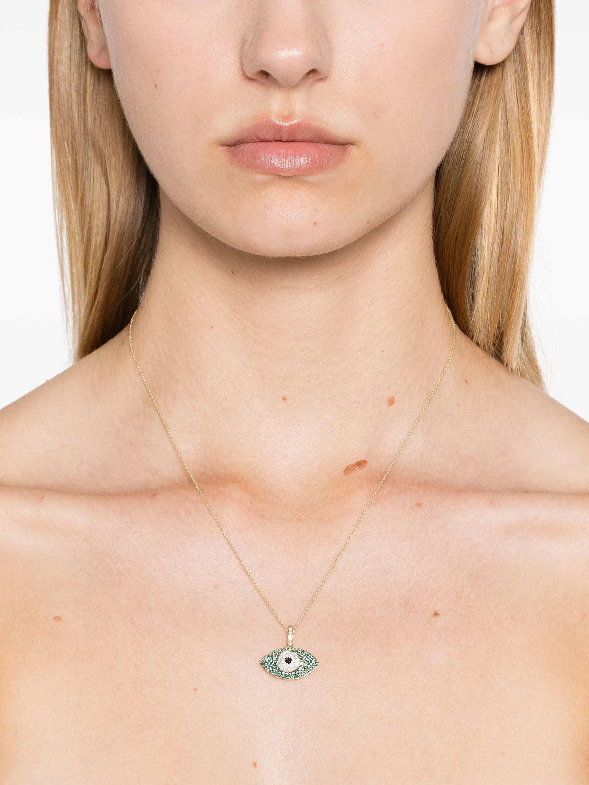 14kt yellow gold Puffy Evil Eye emerald and diamond necklace