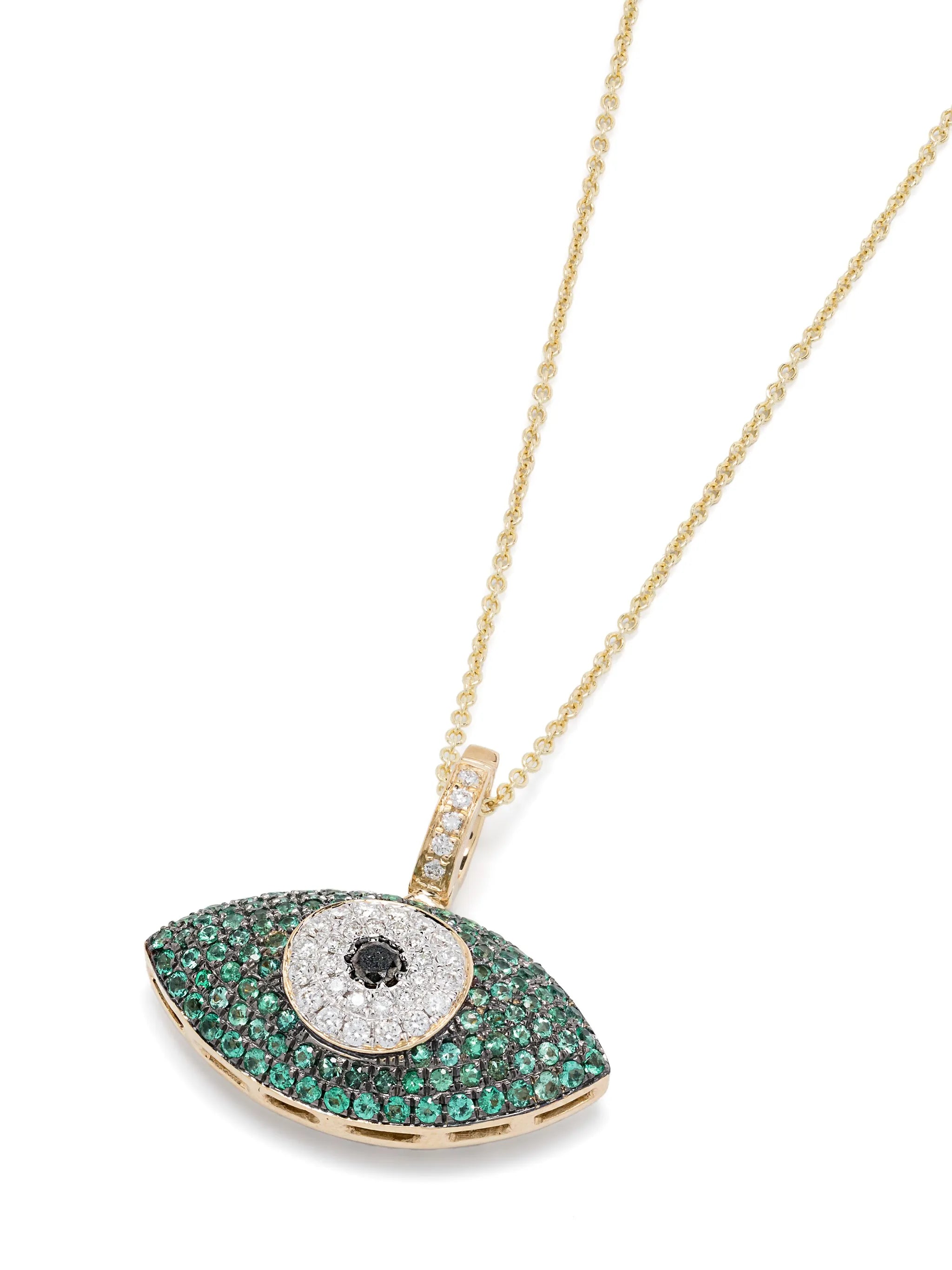 14kt yellow gold Puffy Evil Eye emerald and diamond necklace