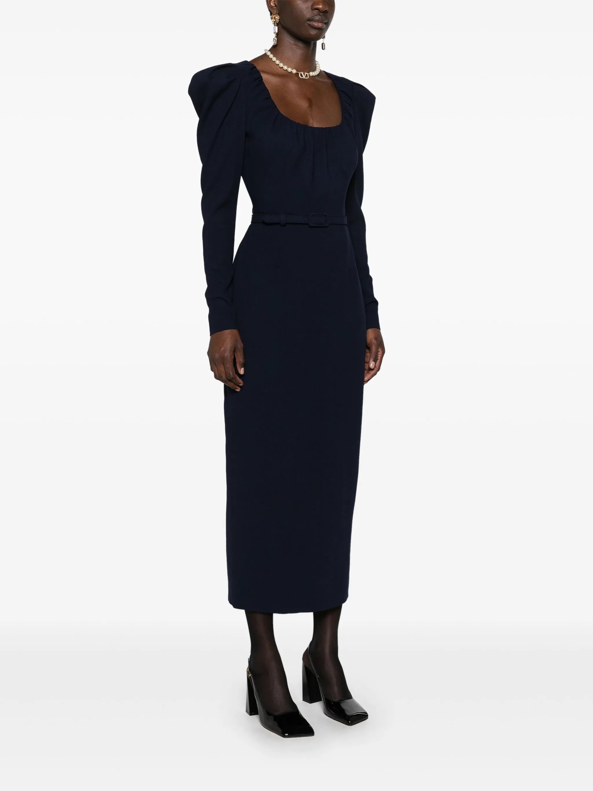 scoop-neck belted midi dress
