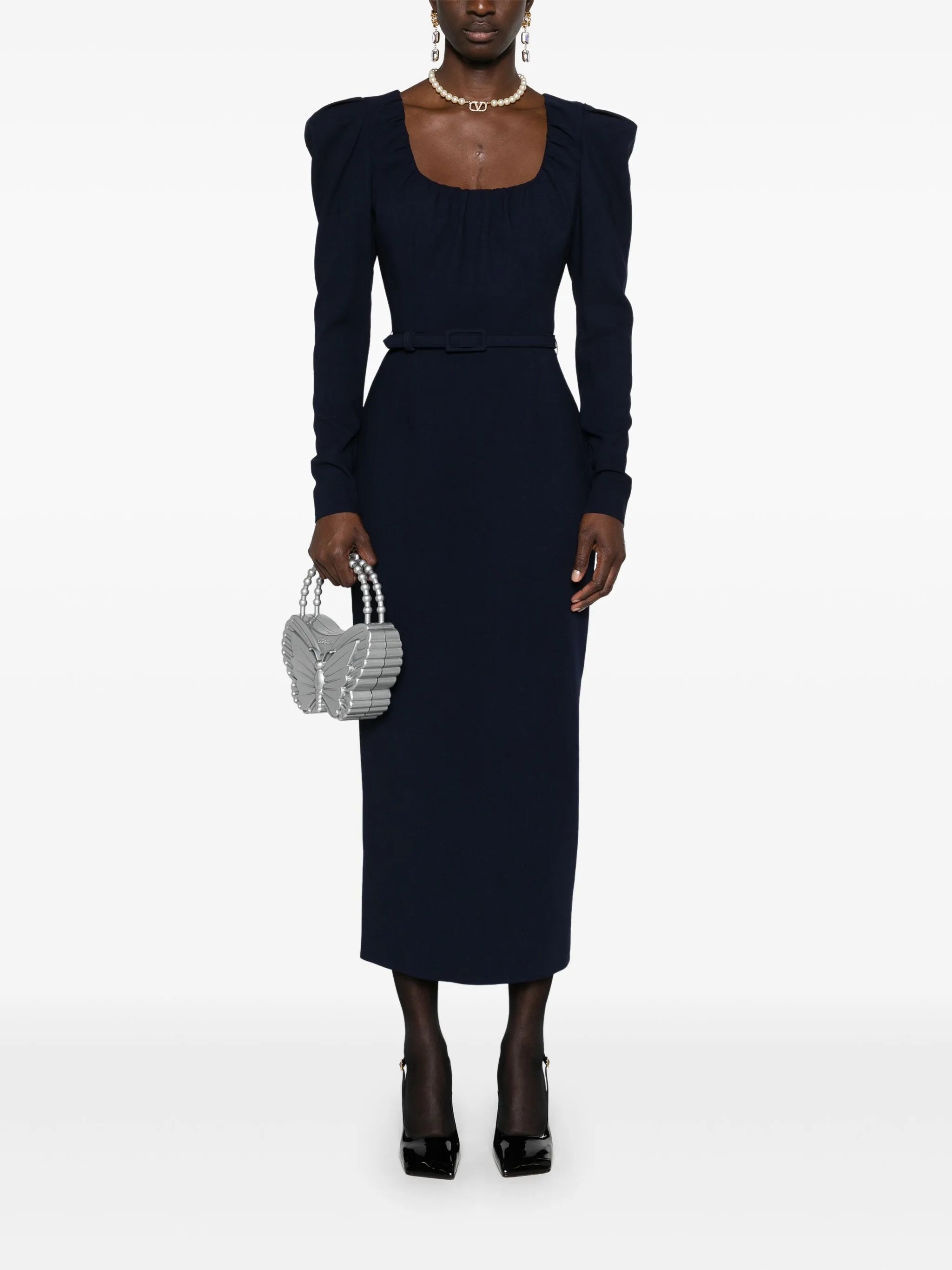scoop-neck belted midi dress