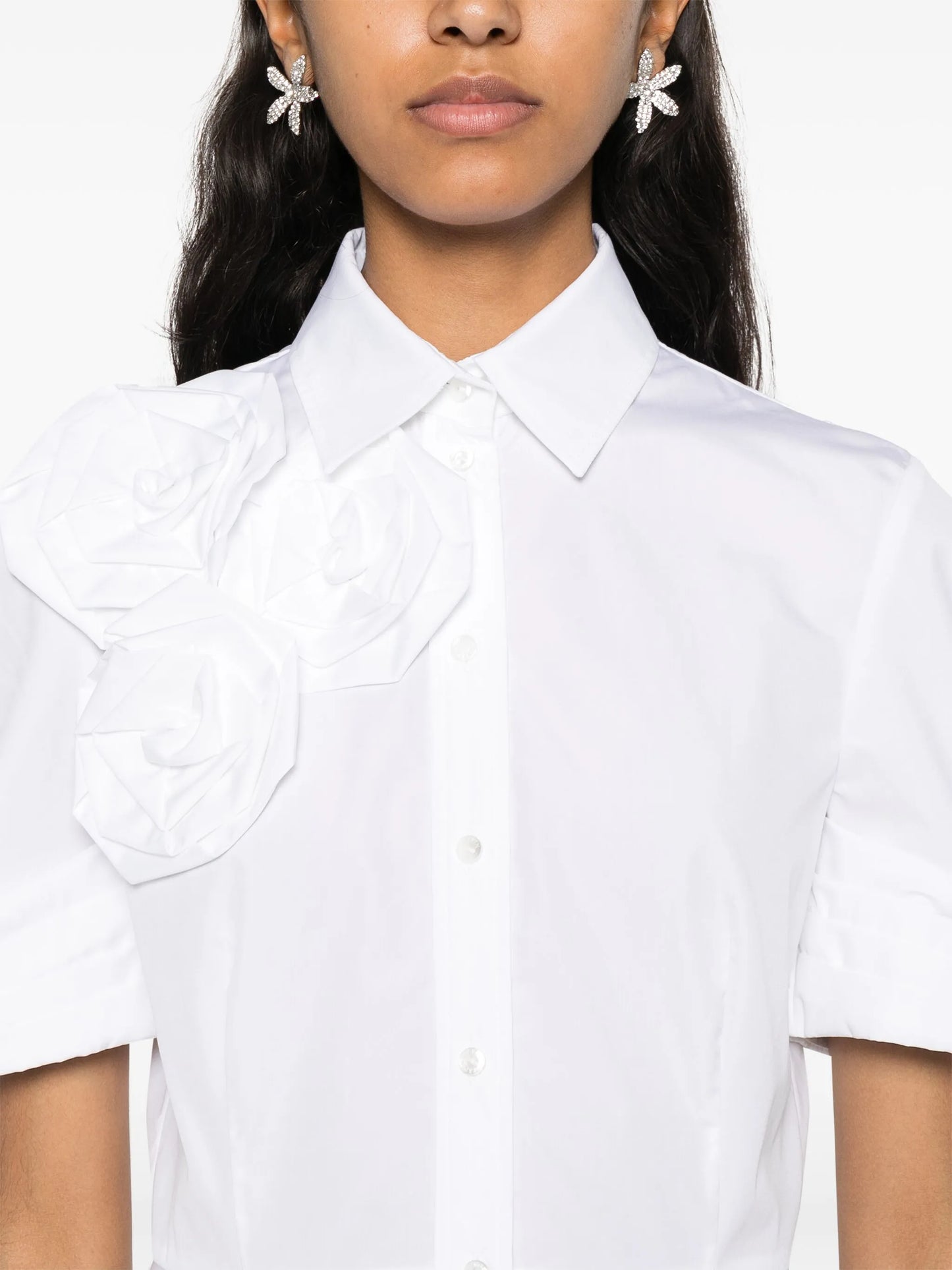 rose-appliqué midi shirt dress