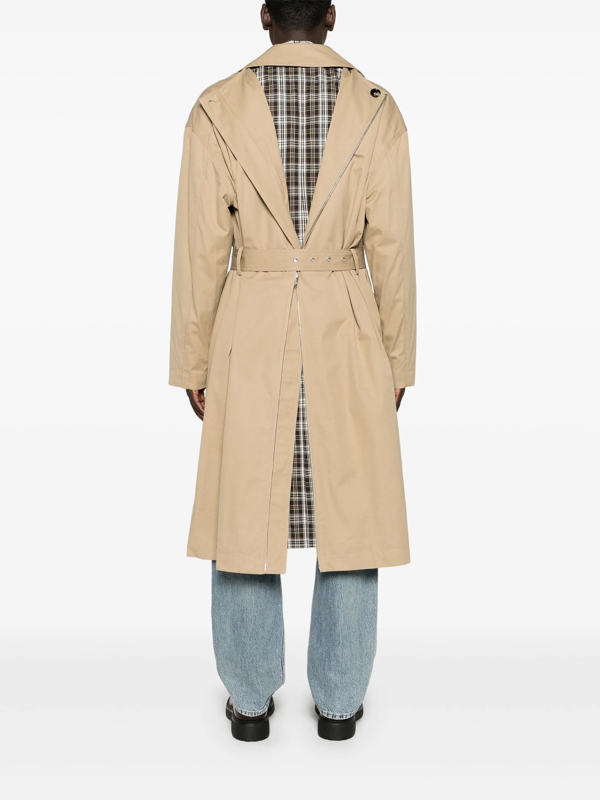 panelled belted trench coat